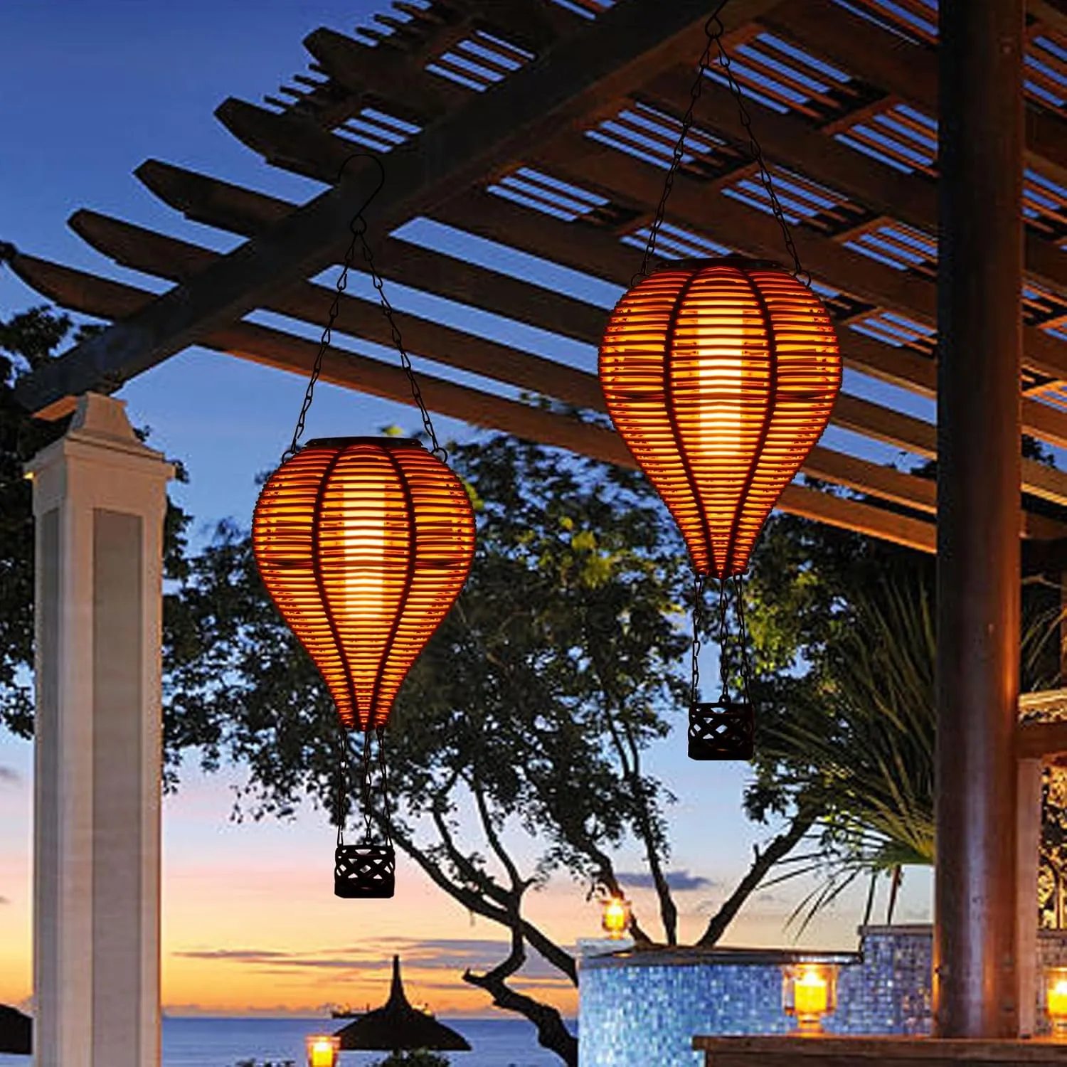 Hanging Flame Lanterns Outdoor Garden Decor Hot Air Balloon Solar Rattan Lantern Flickering Solar Lights for Trees Patio Lawn Yard Porch Decorative 1 Pack（Austin Natural Brown）