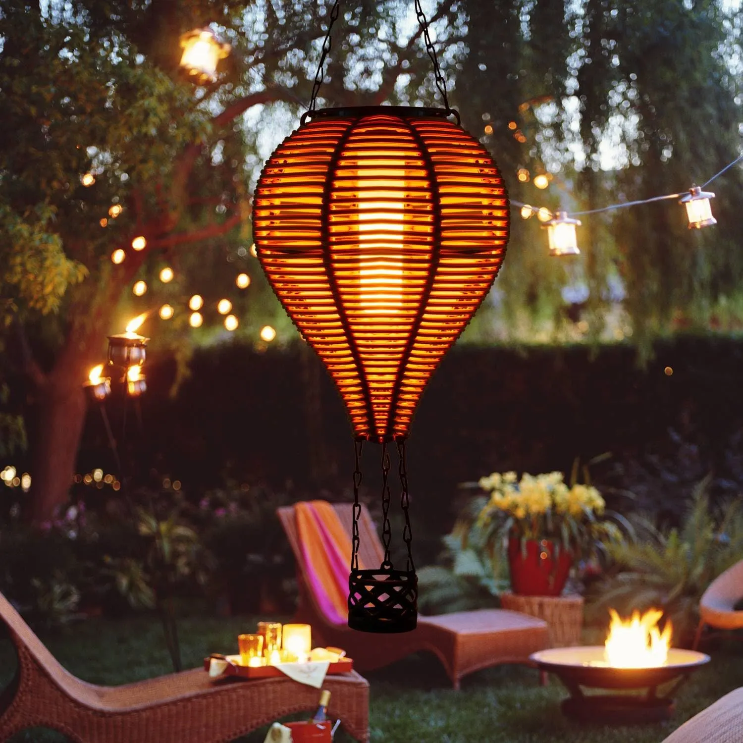 Hanging Flame Lanterns Outdoor Garden Decor Hot Air Balloon Solar Rattan Lantern Flickering Solar Lights for Trees Patio Lawn Yard Porch Decorative 1 Pack（Austin Natural Brown）