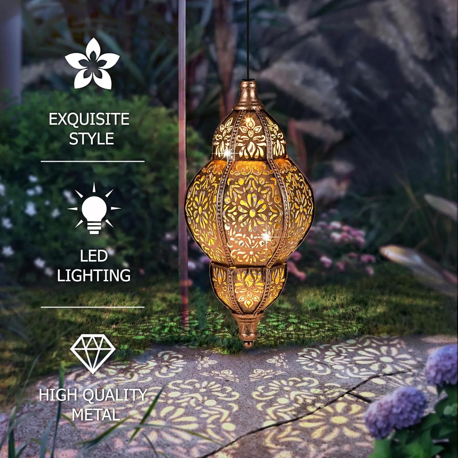 Hanging Solar Lantern Outdoor Decor, Moroccan Solar Lights for Outside Garden Decorations, Waterproof Matel LED Lanterns Garden Gifts for Mom, Women, Patio, Yard,Mothers Day