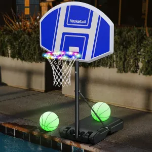 Haokelball Poolside Basketball Hoop - Outdoor Pool Basketball Hoop with Light, Adjustable Height 41"-59", 35.4" x 23.6" Backboard, 2 Balls and Pump