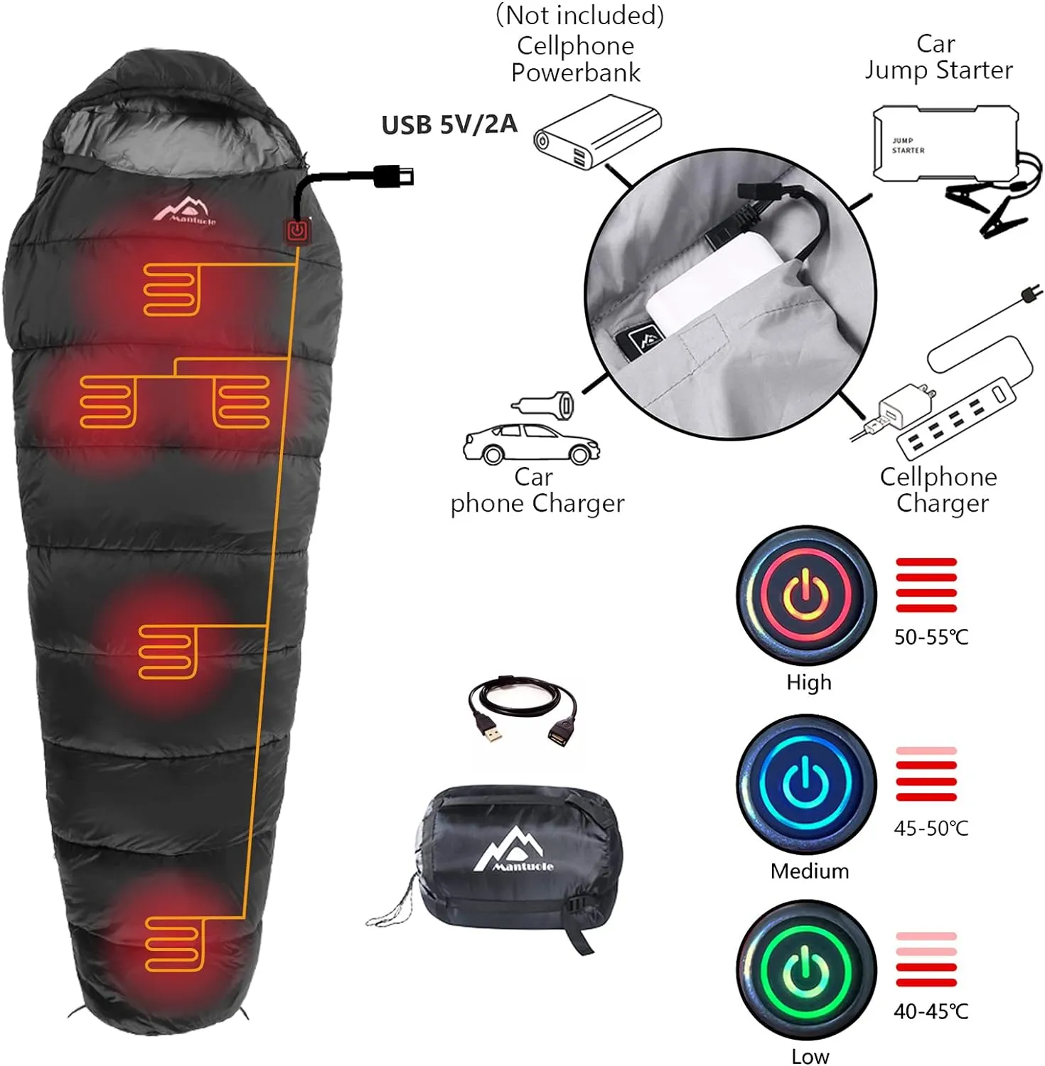 Heated Sleeping Bag 5pcs Multi USB Power Support Heating Pads,Operated with Battery Power Bank or Other USB Power Supplies, Portable Compact Bag, Mummy Style.