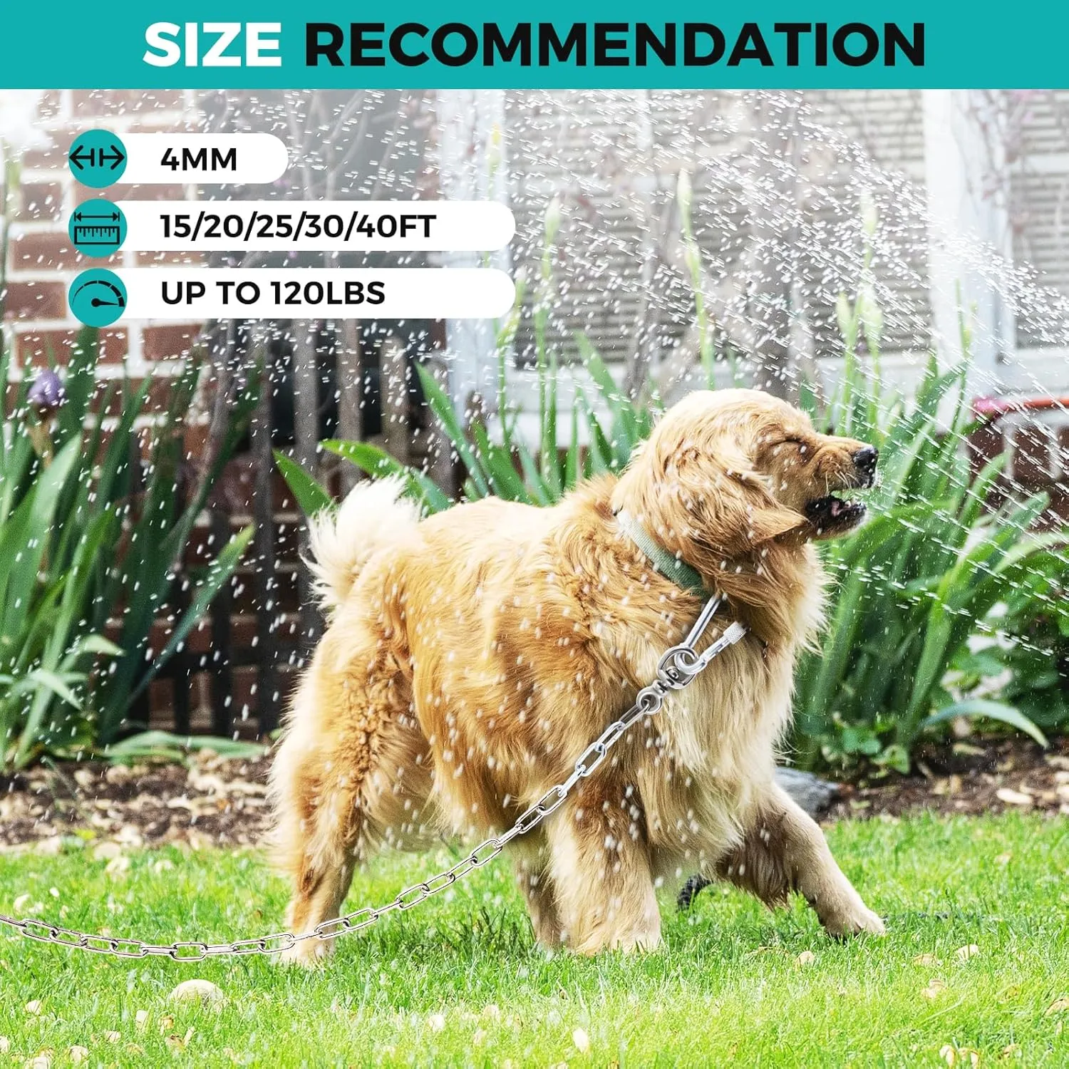 Heavy Duty 40FT Dog Chain for Yard & Outside – 4MM Metal Tie Out Leash with Swivel Hook, Rust-Proof Outdoor Runner for Medium to Large Dogs up to 100 Lbs