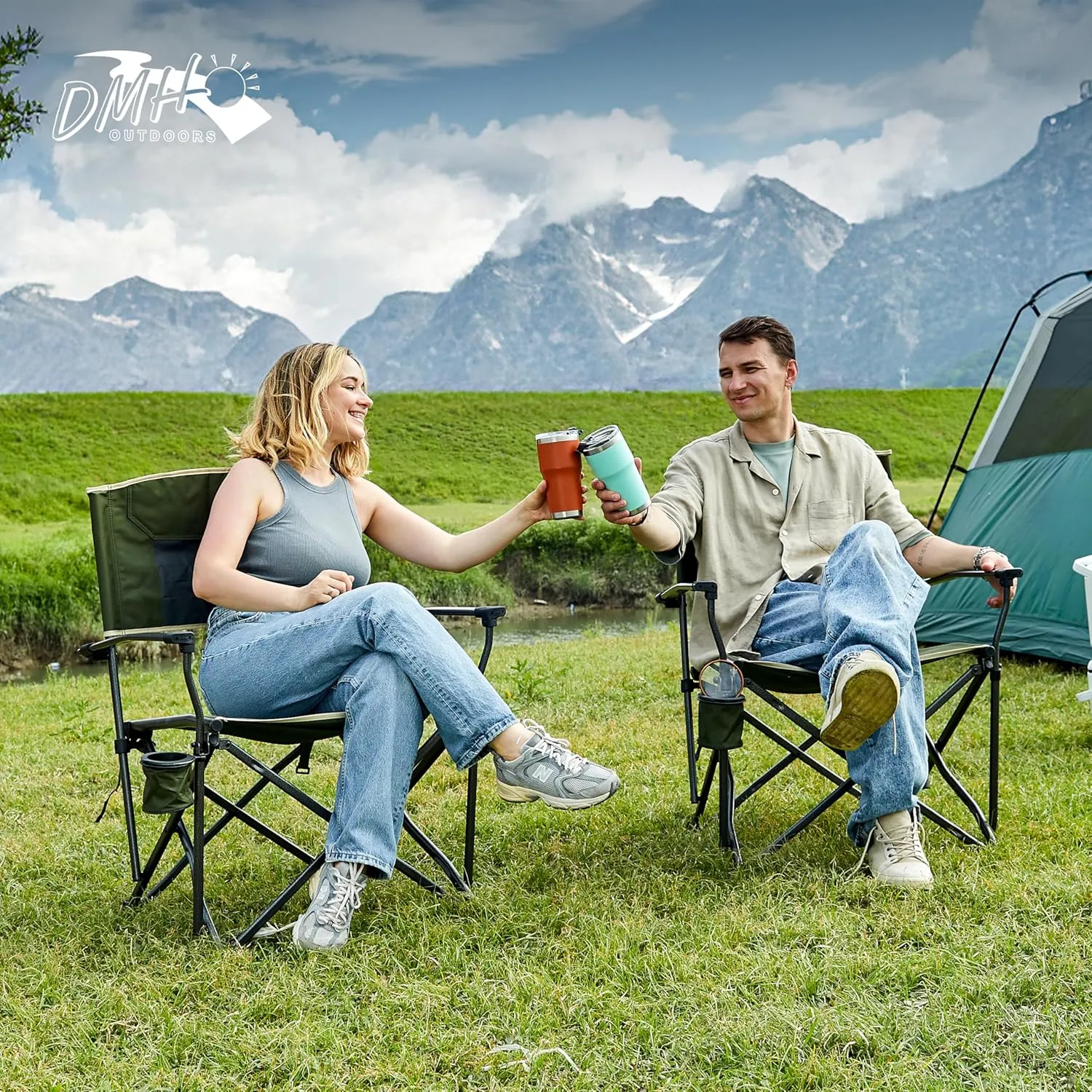Heavy Duty Folding Camping Chair for Adults Oversized Camping Chairs Steel Frame Support 400 lbs, Metal Arm Lawn Chairs with Swivel Cup Holder, Hollow Backrest, Extra Large Outdoor Chairs, Green