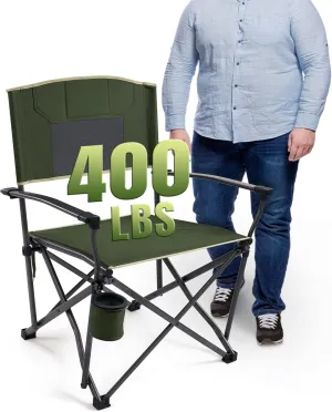 Heavy Duty Folding Camping Chair for Adults Oversized Camping Chairs Steel Frame Support 400 lbs, Metal Arm Lawn Chairs with Swivel Cup Holder, Hollow Backrest, Extra Large Outdoor Chairs, Green