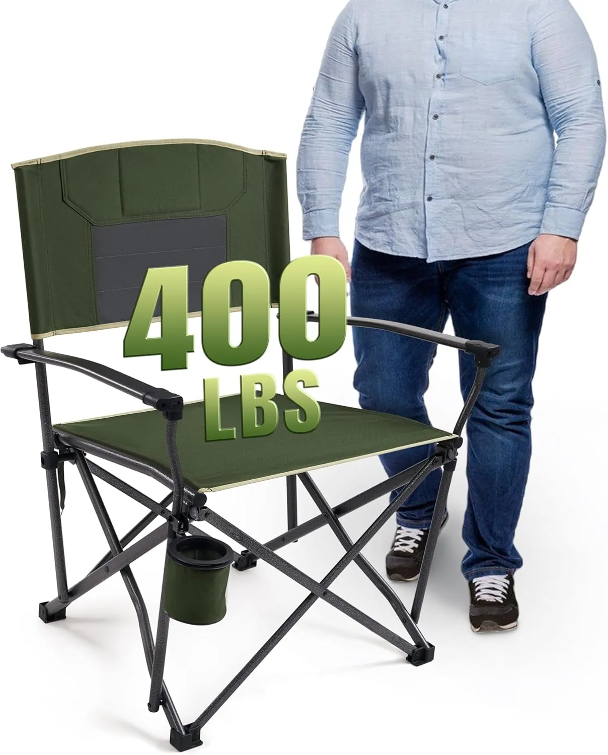 Heavy Duty Folding Camping Chair for Adults Oversized Camping Chairs Steel Frame Support 400 lbs, Metal Arm Lawn Chairs with Swivel Cup Holder, Hollow Backrest, Extra Large Outdoor Chairs, Green