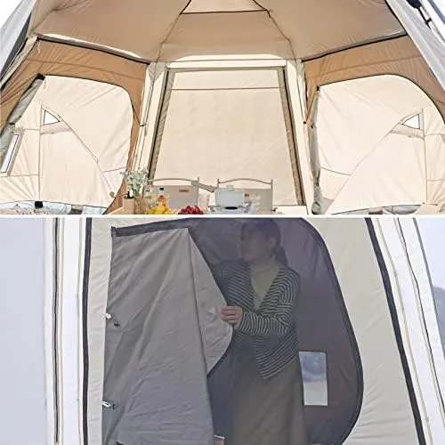 Hexagonal Outdoor Camping Tent with Spliceable Front Extension, 4-Season Large Family Glamping Tents with Sun Shelter Porch for Party, Hunting, Hiking (White Single Tent)