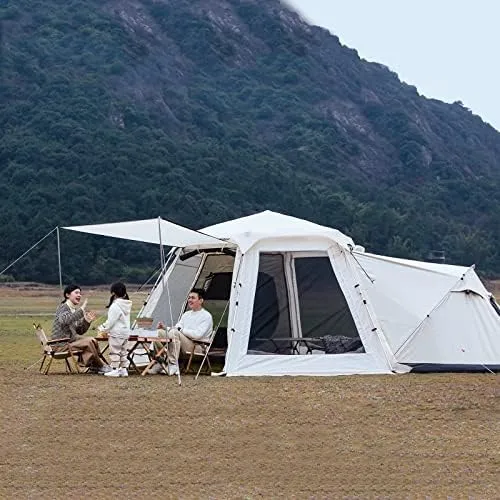 Hexagonal Outdoor Camping Tent with Spliceable Front Extension, 4-Season Large Family Glamping Tents with Sun Shelter Porch for Party, Hunting, Hiking (White Single Tent)