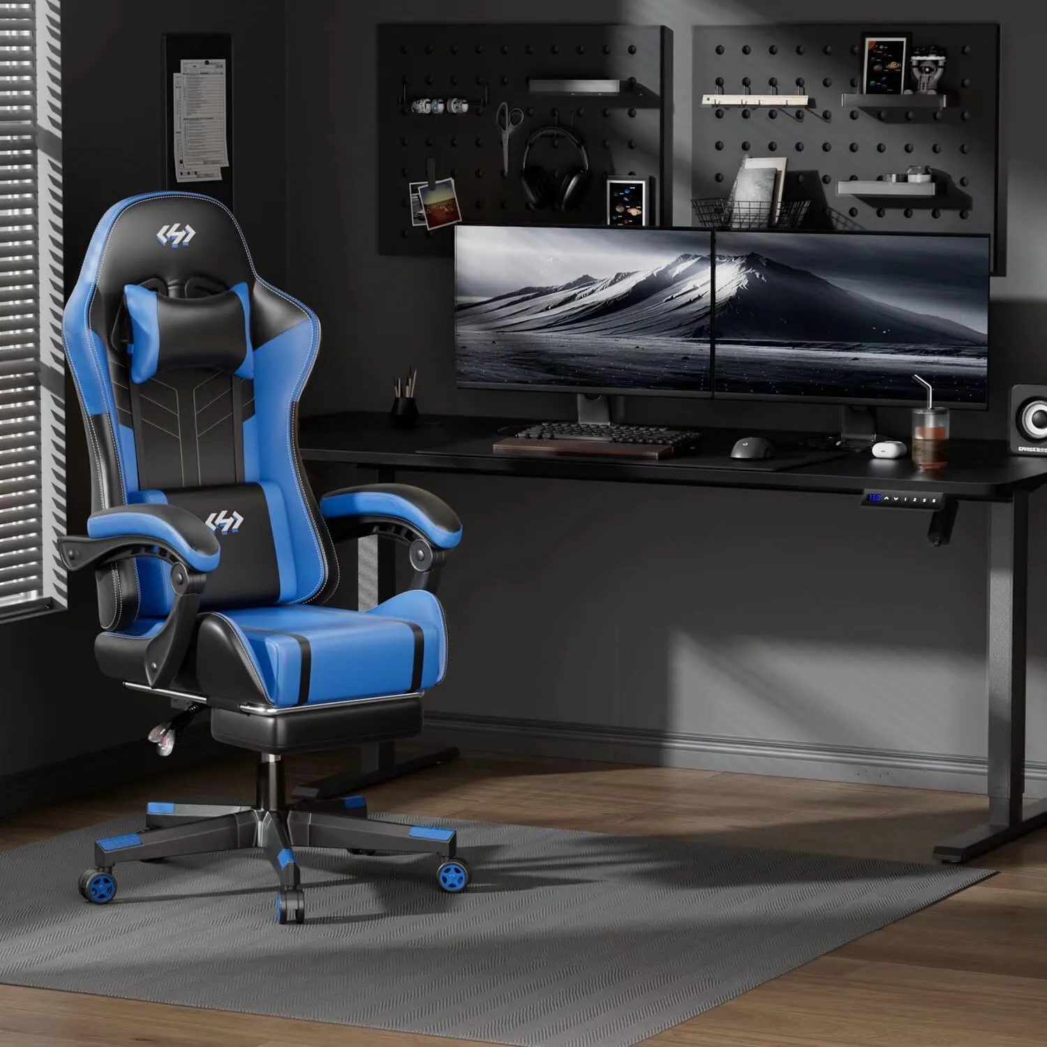 HLDIRECT Gaming Chair, Ergonomic Video Game Seat with 360° Swivel & Lumbar Massage, Computer Chair PU Leather Cushion for Adults Home/Office Use (Black & Blue)