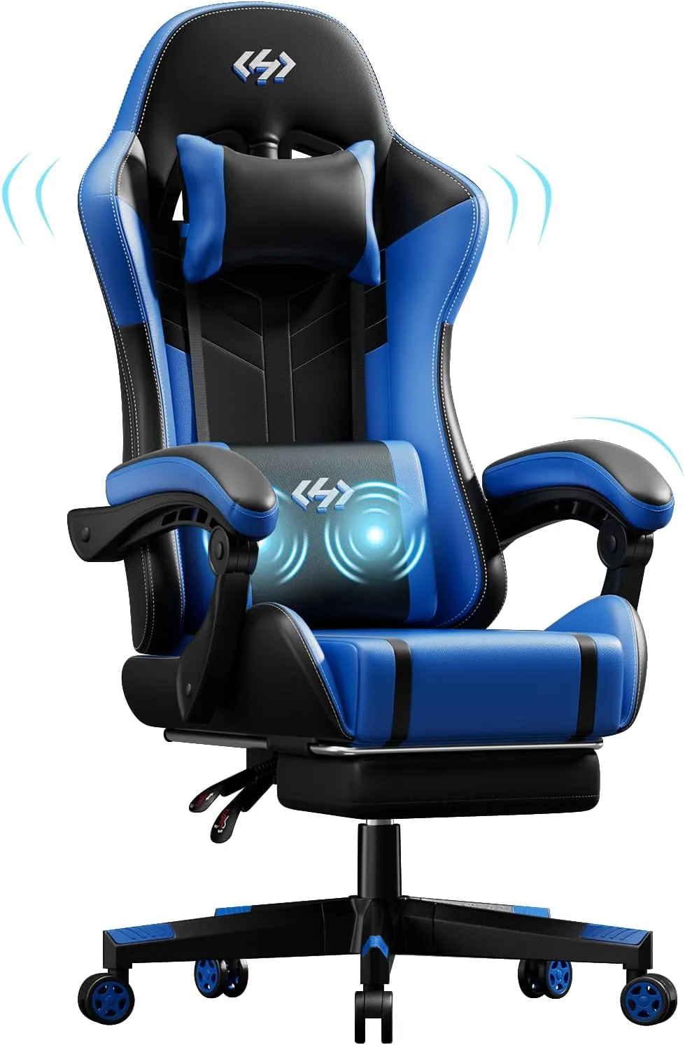HLDIRECT Gaming Chair, Ergonomic Video Game Seat with 360° Swivel & Lumbar Massage, Computer Chair PU Leather Cushion for Adults Home/Office Use (Black & Blue)