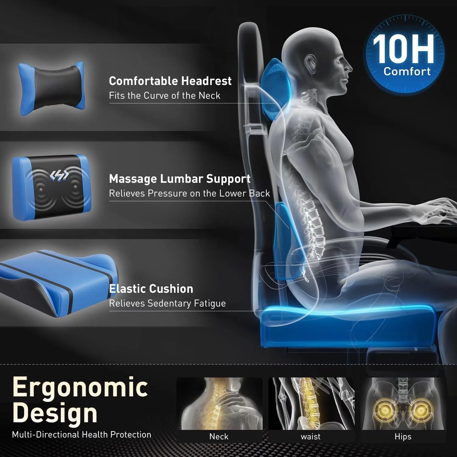HLDIRECT Gaming Chair, Ergonomic Video Game Seat with 360° Swivel & Lumbar Massage, Computer Chair PU Leather Cushion for Adults Home/Office Use (Black & Blue)