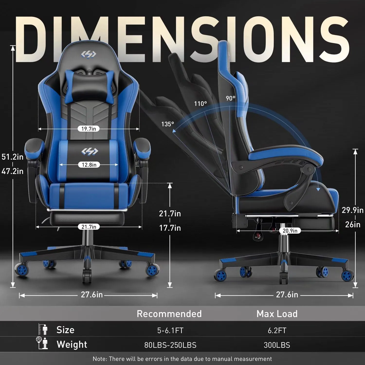 HLDIRECT Gaming Chair, Ergonomic Video Game Seat with 360° Swivel & Lumbar Massage, Computer Chair PU Leather Cushion for Adults Home/Office Use (Black & Blue)