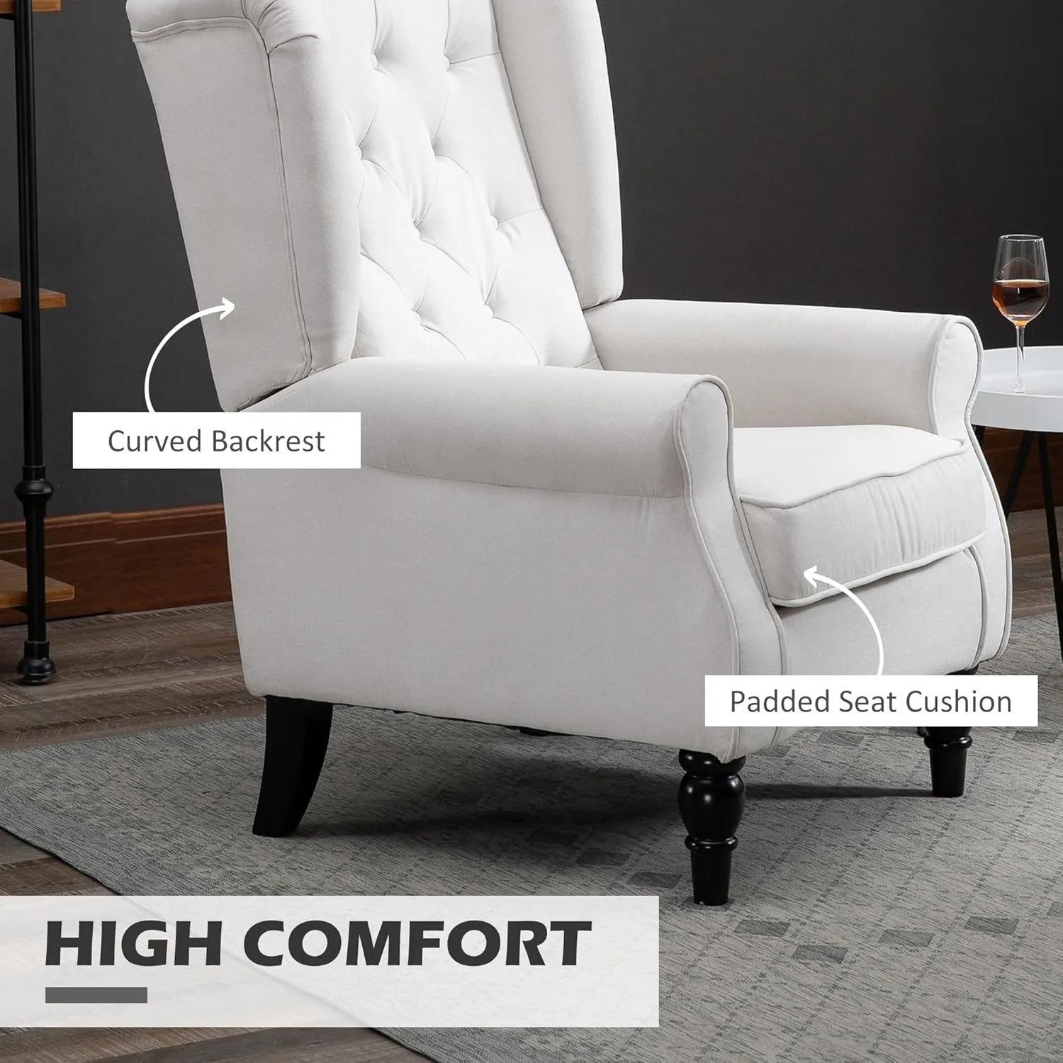 HOMCOM Mid-Century Modern Accent Chair, High Wingback Chair, Button-Tufted Upholstered Fabric Armchair with Retro Wood Legs for Living Room, Bedroom, Cream White