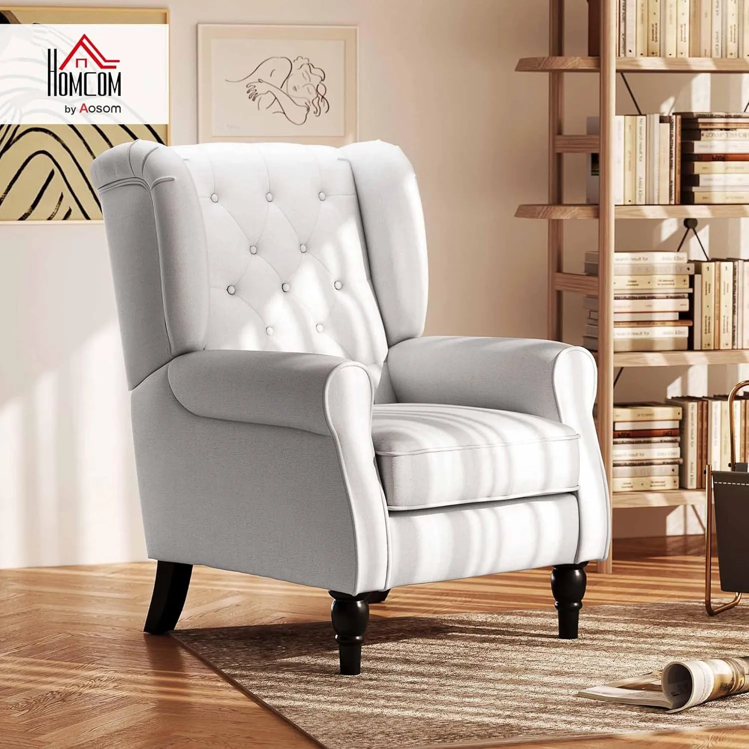 HOMCOM Mid-Century Modern Accent Chair, High Wingback Chair, Button-Tufted Upholstered Fabric Armchair with Retro Wood Legs for Living Room, Bedroom, Cream White