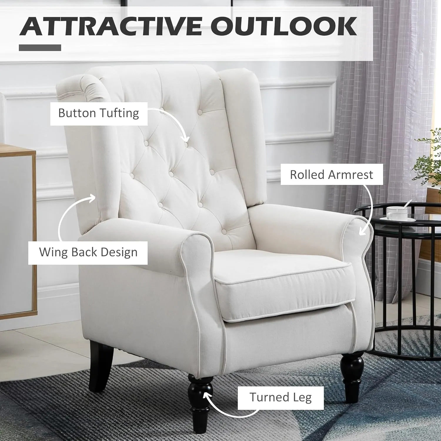 HOMCOM Mid-Century Modern Accent Chair, High Wingback Chair, Button-Tufted Upholstered Fabric Armchair with Retro Wood Legs for Living Room, Bedroom, Cream White