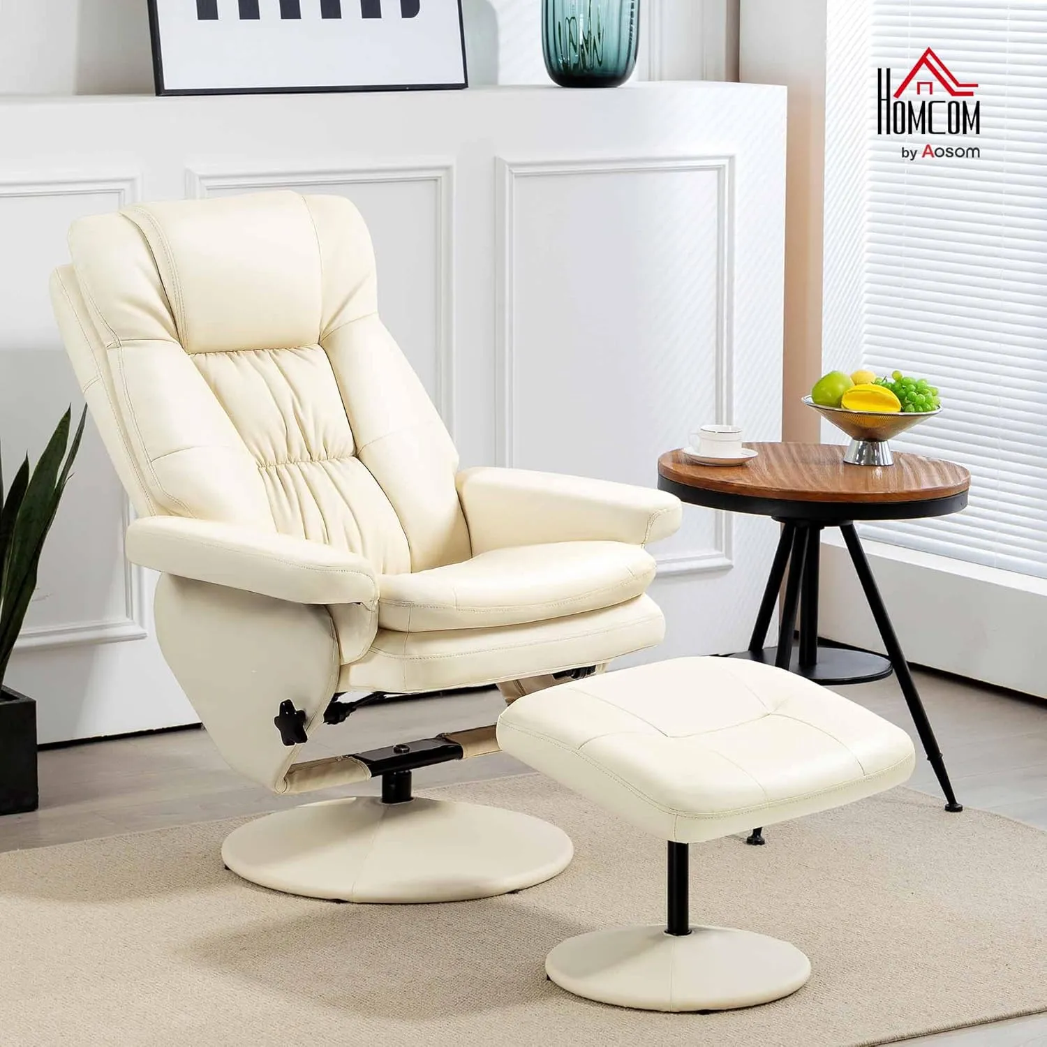 HOMCOM Swivel Recliner with Ottoman, PU Leather Reclining Chair with Ottoman, Upholstered Recliner and Footrest with Wrapped Base for Living Room, Bedroom and Home Office, Cream White