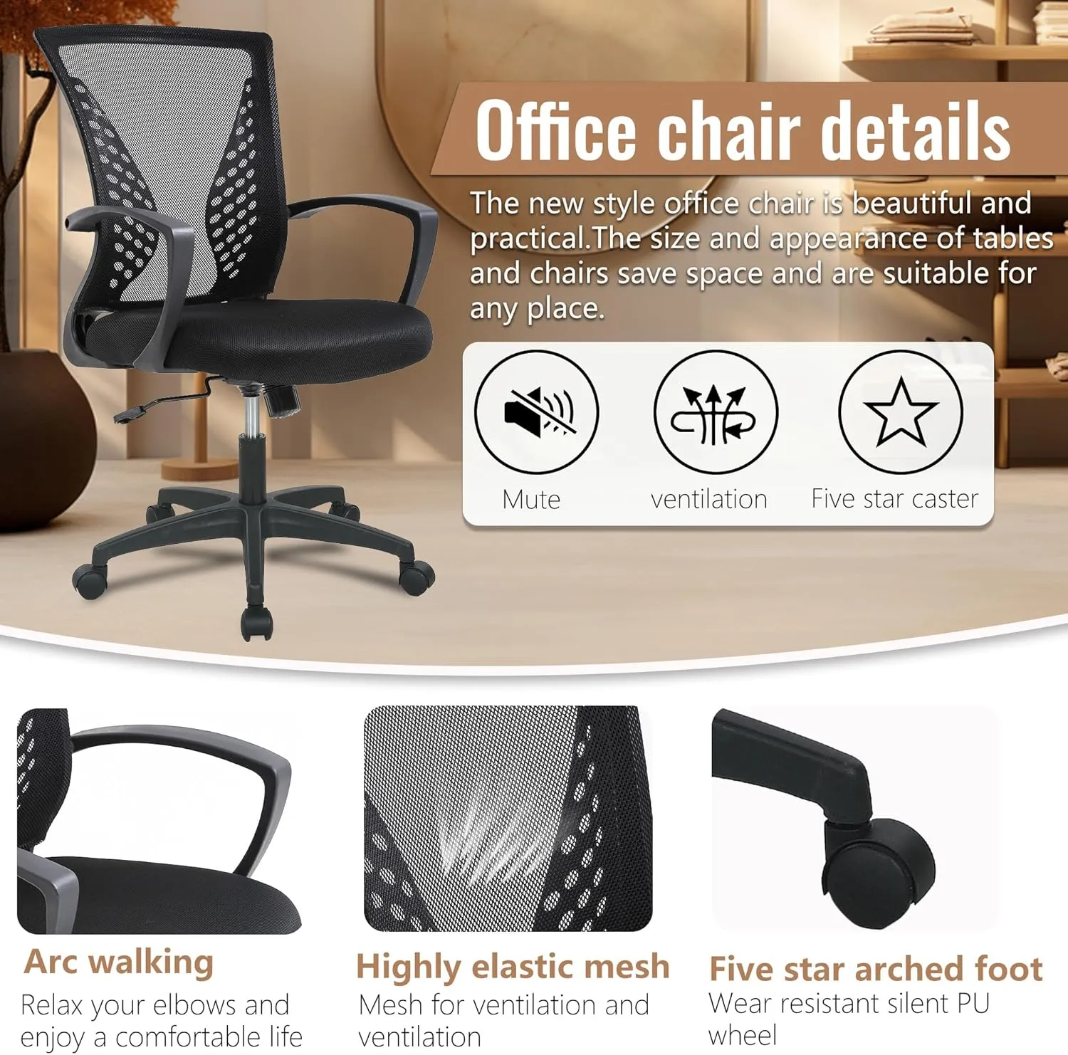 Home Office Chair Mid Back PC Swivel Lumbar Support Adjustable Desk Task Computer Ergonomic Comfortable Mesh Chair with Armrest (Black)