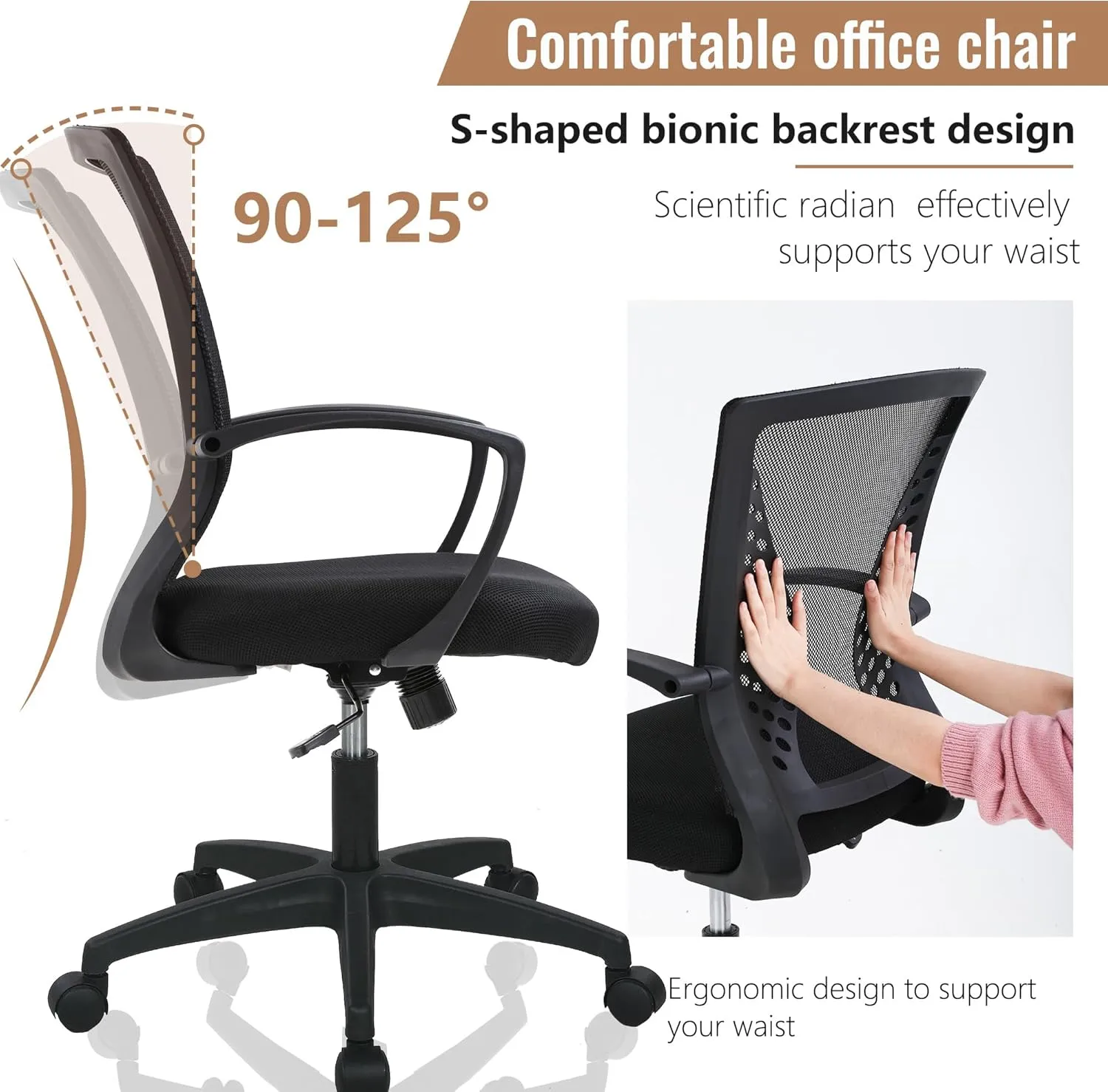Home Office Chair Mid Back PC Swivel Lumbar Support Adjustable Desk Task Computer Ergonomic Comfortable Mesh Chair with Armrest (Black)