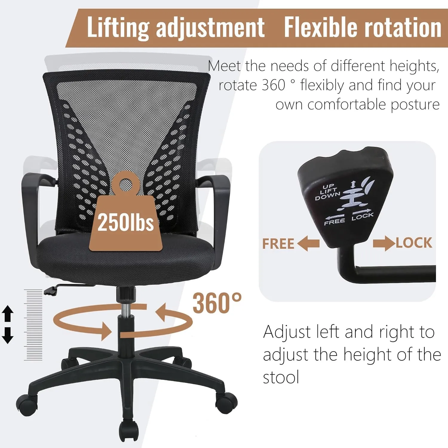 Home Office Chair Mid Back PC Swivel Lumbar Support Adjustable Desk Task Computer Ergonomic Comfortable Mesh Chair with Armrest (Black)