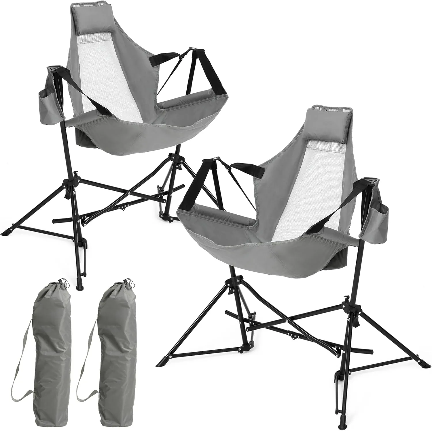HOMEFUN Hammock Camping Chairs Set of 2- Portable Swinging Chair for Adults with Stand and Storage Bag, Oversized Folding Rocking for Lawn Camp Fishing Hiking, Gray