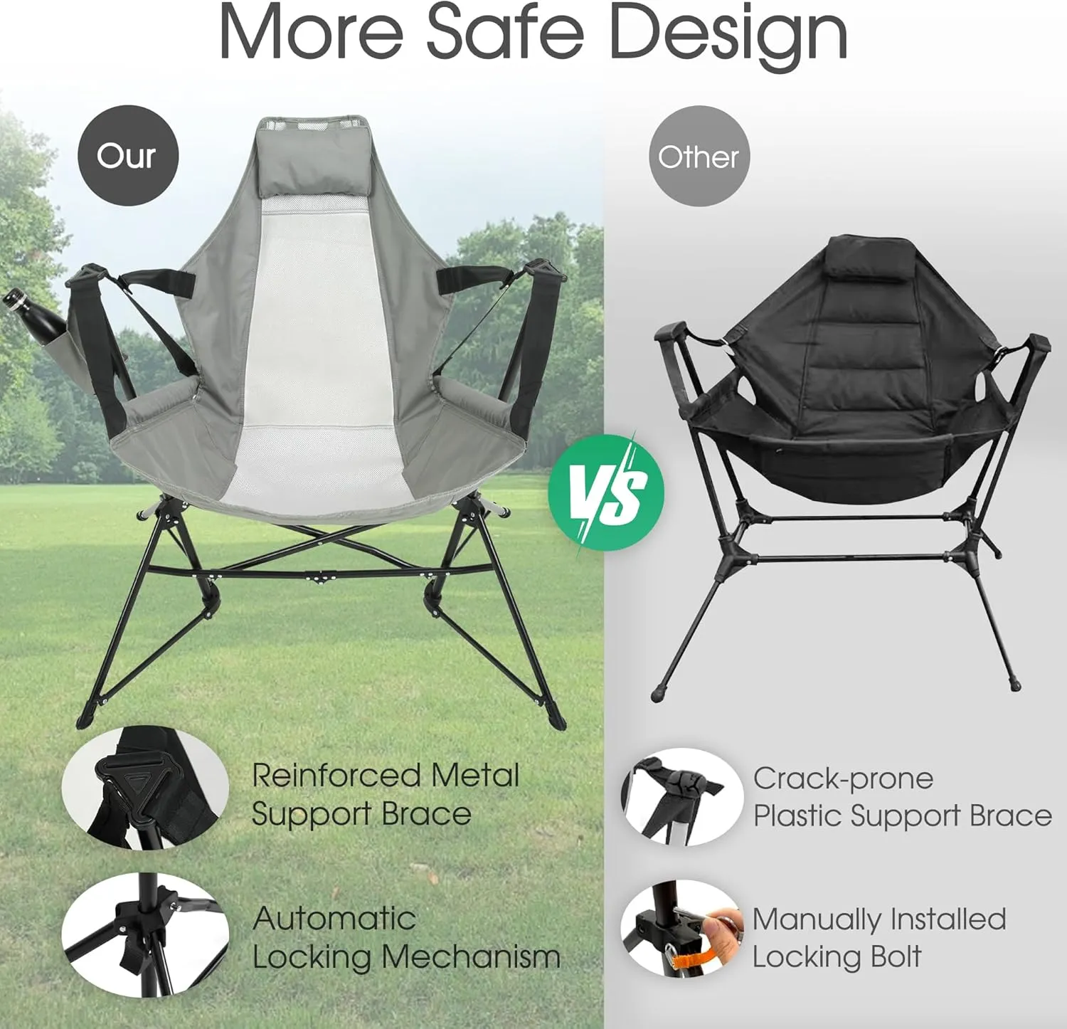 HOMEFUN Hammock Camping Chairs Set of 2- Portable Swinging Chair for Adults with Stand and Storage Bag, Oversized Folding Rocking for Lawn Camp Fishing Hiking, Gray