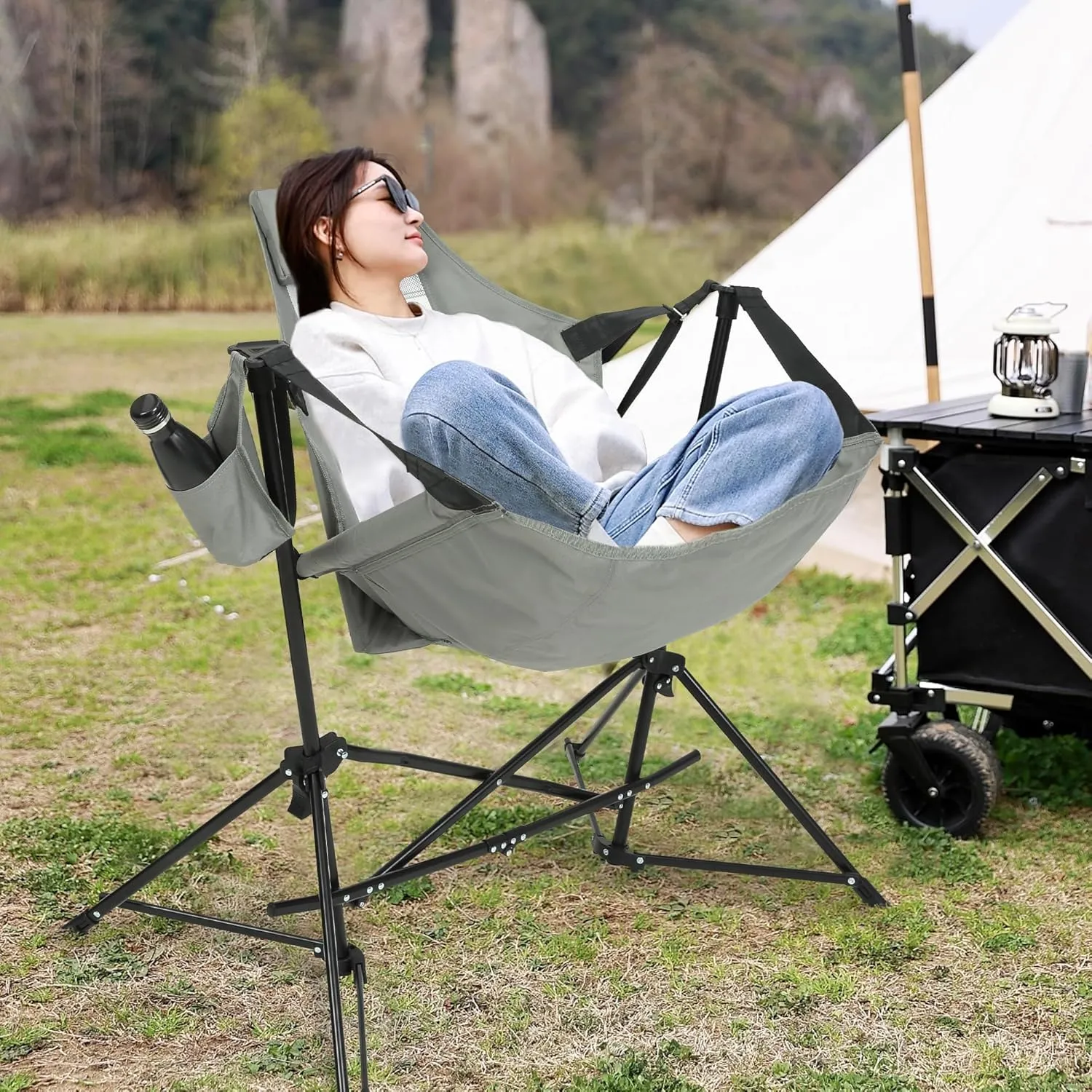 HOMEFUN Hammock Camping Chairs Set of 2- Portable Swinging Chair for Adults with Stand and Storage Bag, Oversized Folding Rocking for Lawn Camp Fishing Hiking, Gray
