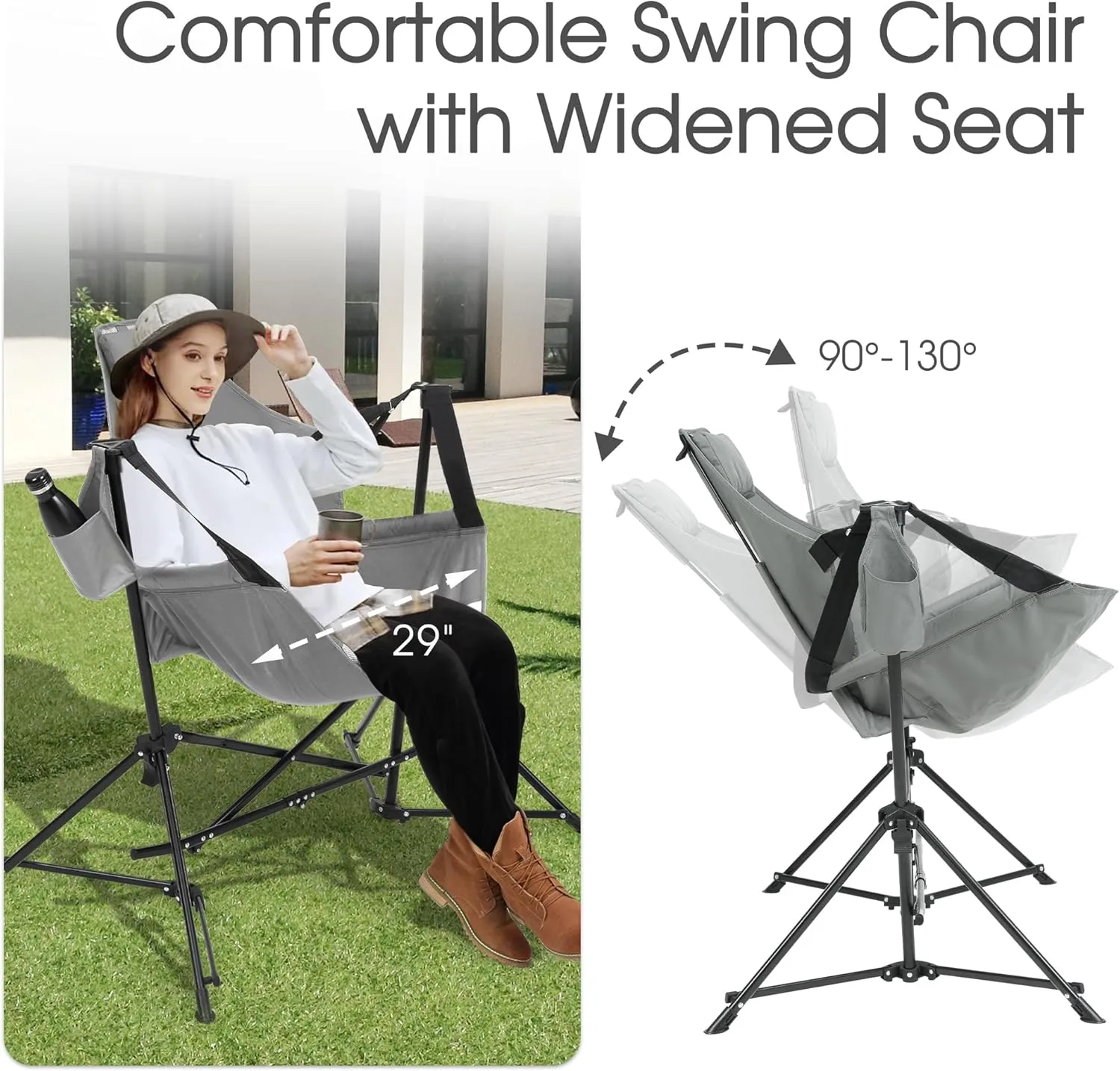 HOMEFUN Hammock Camping Chairs Set of 2- Portable Swinging Chair for Adults with Stand and Storage Bag, Oversized Folding Rocking for Lawn Camp Fishing Hiking, Gray