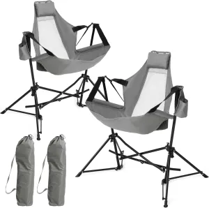 HOMEFUN Hammock Camping Chairs Set of 2- Portable Swinging Chair for Adults with Stand and Storage Bag, Oversized Folding Rocking for Lawn Camp Fishing Hiking, Gray