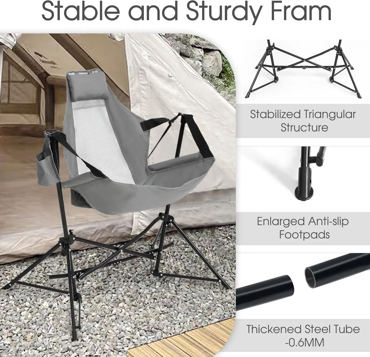 HOMEFUN Hammock Camping Chairs Set of 2- Portable Swinging Chair for Adults with Stand and Storage Bag, Oversized Folding Rocking for Lawn Camp Fishing Hiking, Gray