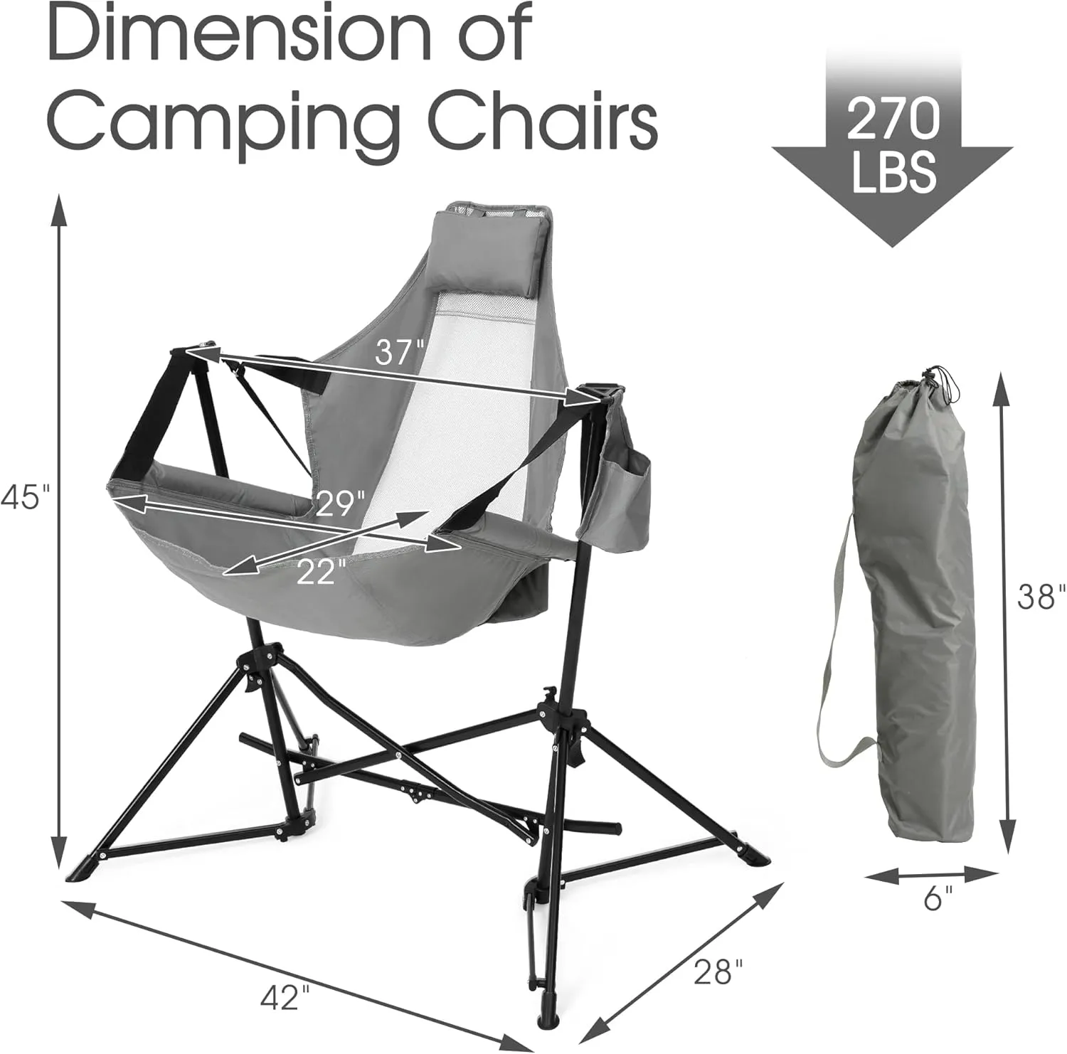 HOMEFUN Hammock Camping Chairs Set of 2- Portable Swinging Chair for Adults with Stand and Storage Bag, Oversized Folding Rocking for Lawn Camp Fishing Hiking, Gray