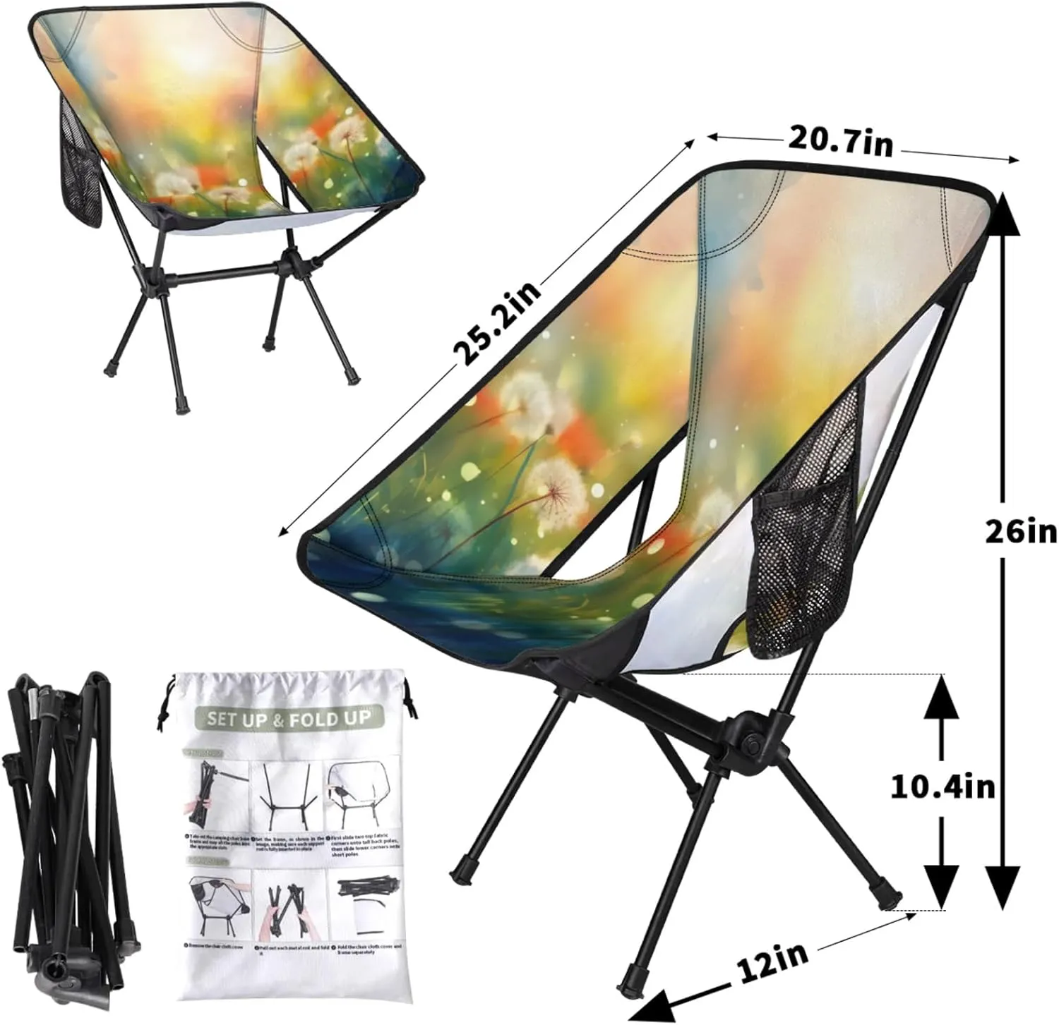Honeybaby Folding Camping Chair Dandelions Flowers Camping Chairs Lightweight Portable Chair Outdoor Foldable Chairs for Camping Travel Picnic Beach Hiking