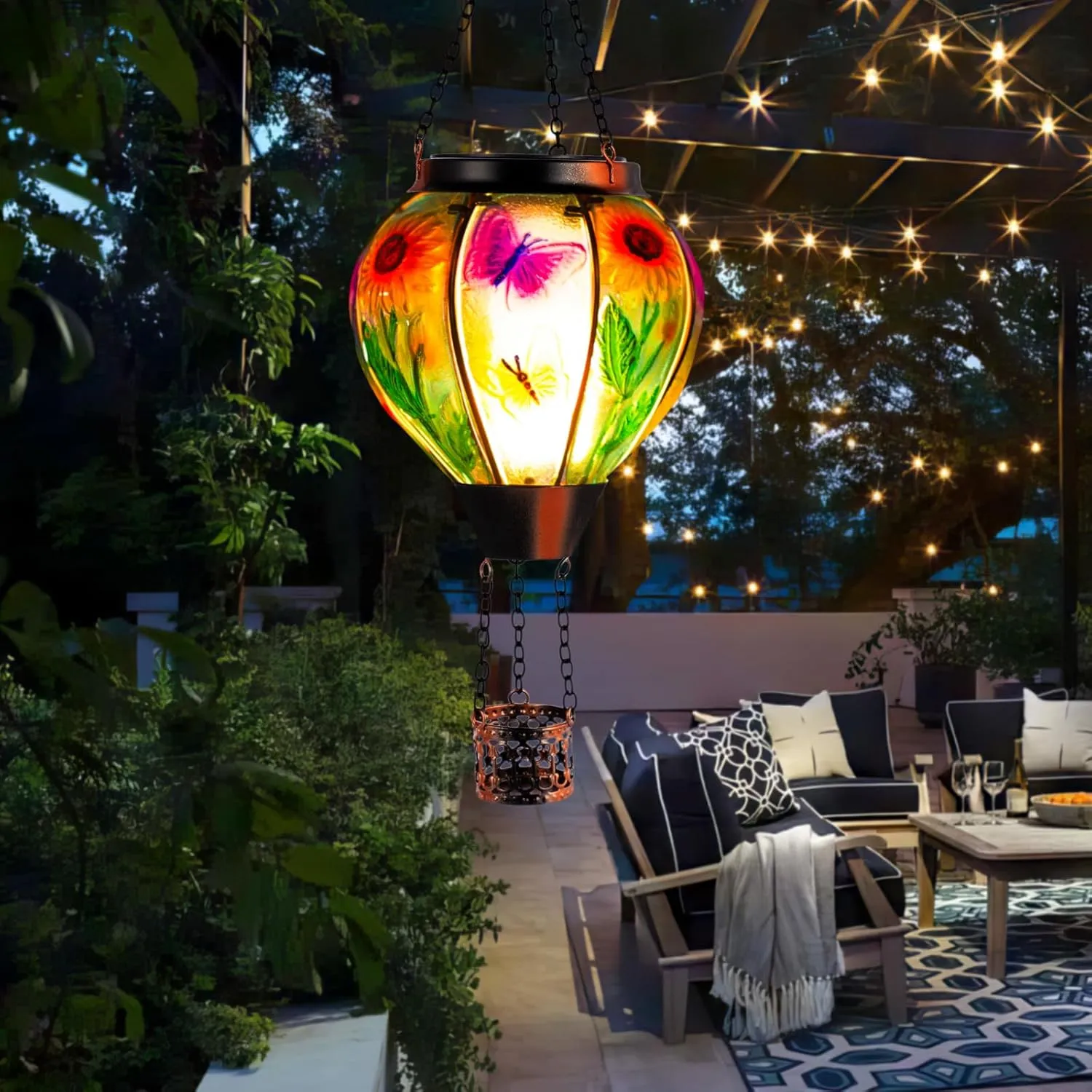Hot Air Balloon Solar Lantern, Butterfly Solars Powered Hot Air Balloon Lantern Outdoor Waterproof, Glass Hanging Hots Air Balloons Solar Light for Outdoor Patio Garden Decor