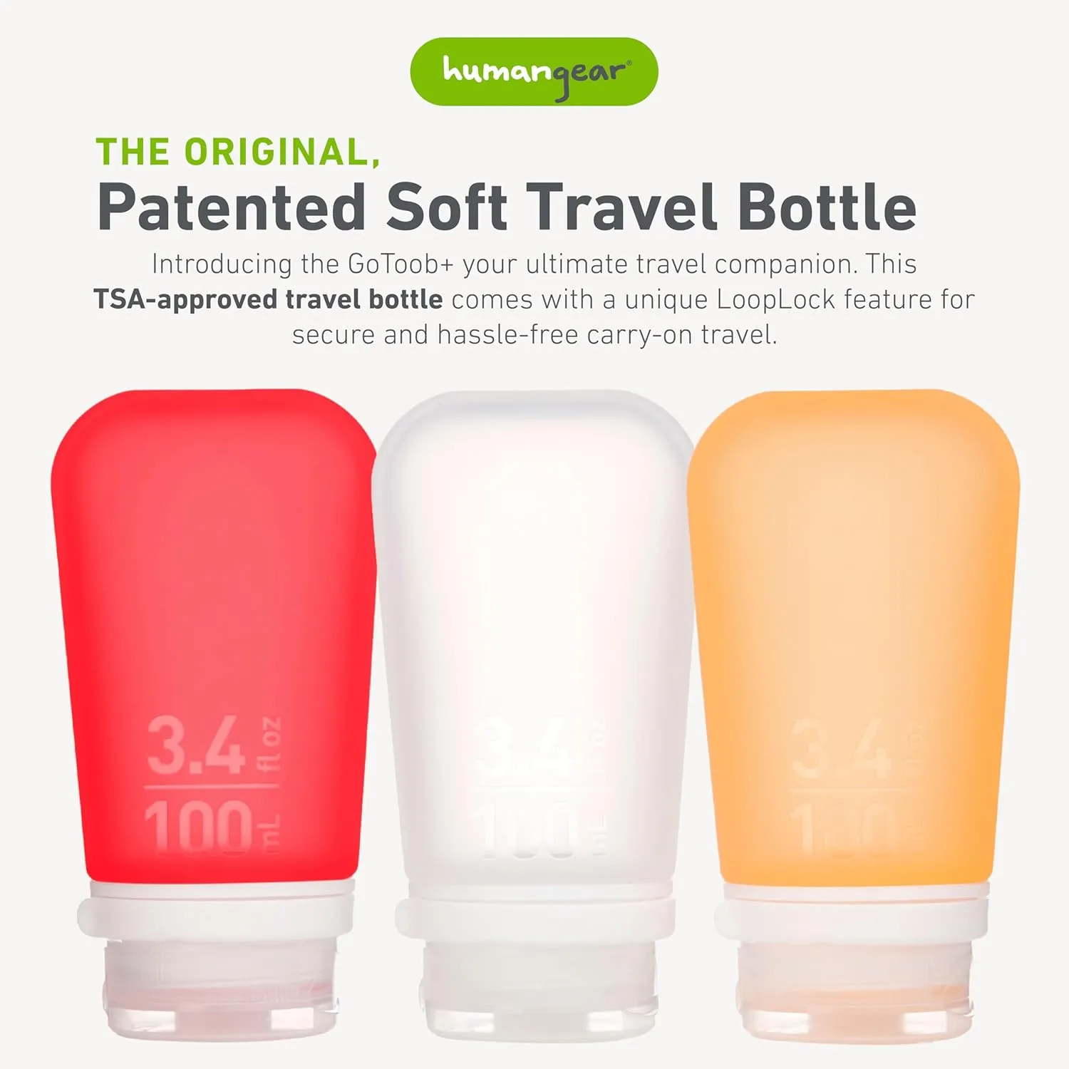 humangear GoToob  3-Pack (Large) | Refillable Silicone Travel Bottle | Locking Lid | Food-Safe Material, Clear/Red/Orange, Large (3.4 fl.oz.; 100ml)