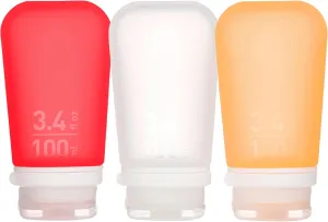 humangear GoToob  3-Pack (Large) | Refillable Silicone Travel Bottle | Locking Lid | Food-Safe Material, Clear/Red/Orange, Large (3.4 fl.oz.; 100ml)