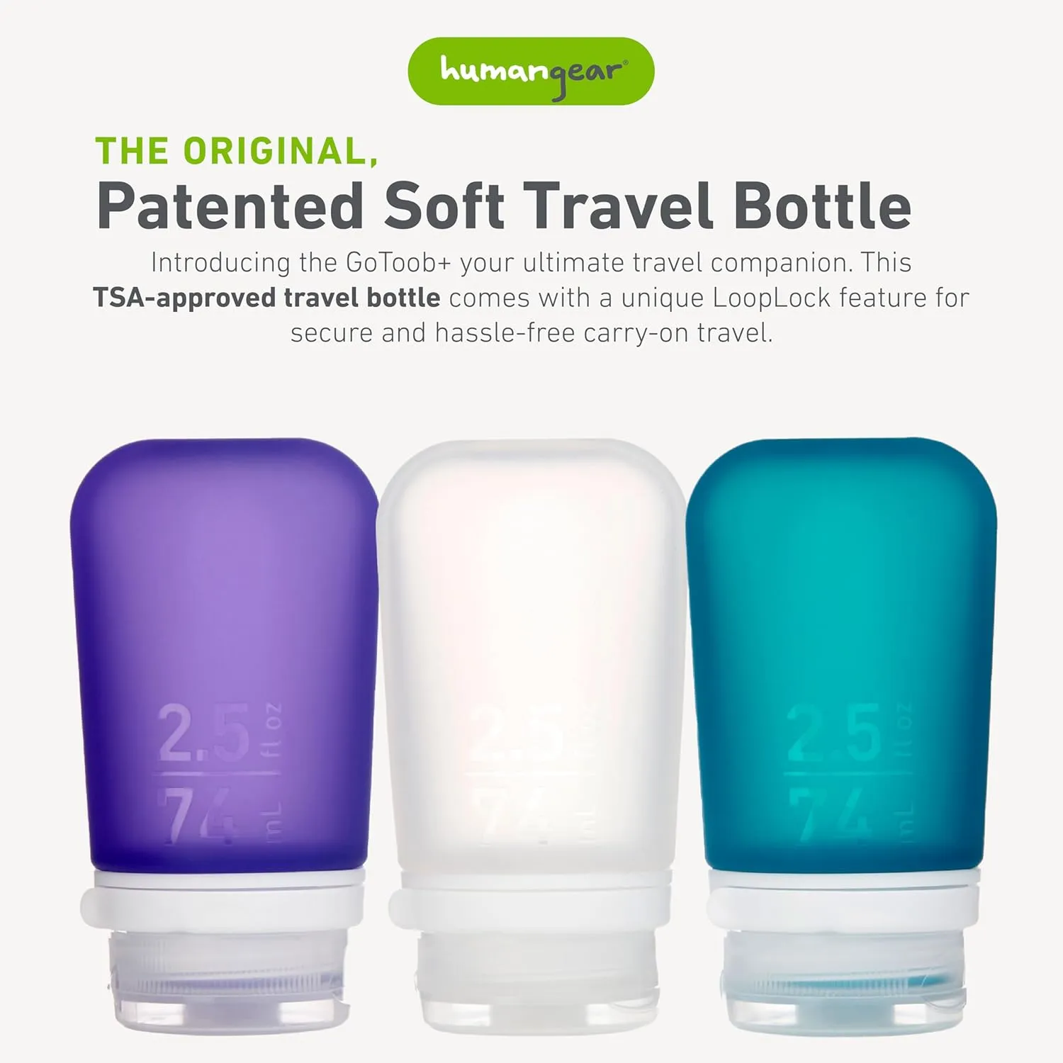 humangear GoToob  3-Pack (Medium) | Refillable Silicone Travel Bottle | Locking Lid | Food-Safe Material, Clear/Purple/Teal, Medium (2.5 fl.oz.; 74ml)