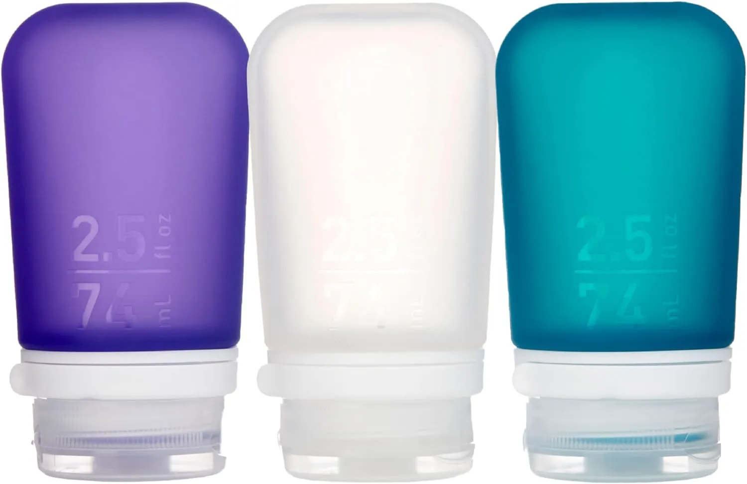 humangear GoToob  3-Pack (Medium) | Refillable Silicone Travel Bottle | Locking Lid | Food-Safe Material, Clear/Purple/Teal, Medium (2.5 fl.oz.; 74ml)