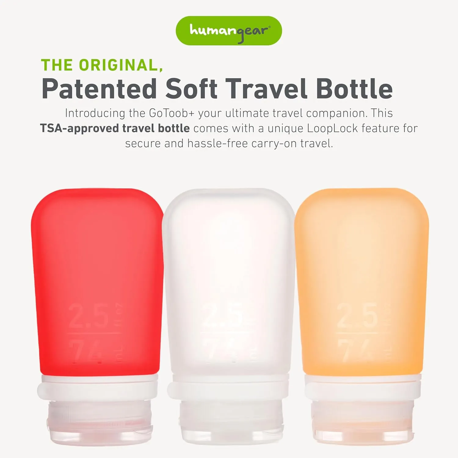 humangear GoToob  3-Pack (Medium) | Refillable Silicone Travel Bottle | Locking Lid | Food-Safe Material, Clear/Red/Orange, Medium (2.5 fl.oz.; 74ml)