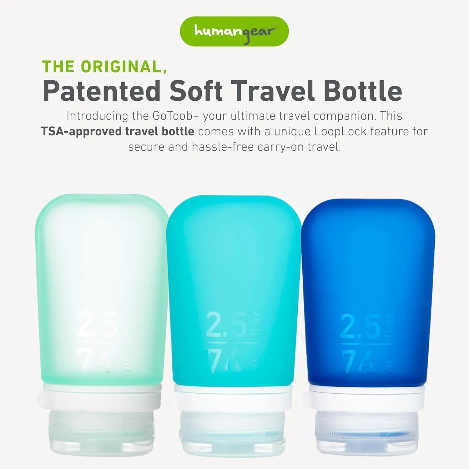 humangear GoToob  3-Pack (Medium) | Refillable Silicone Travel Bottle | Locking Lid | Food-Safe Material | Mint/Aqua/Teal, Medium (2.5 fl.oz.; 74ml)