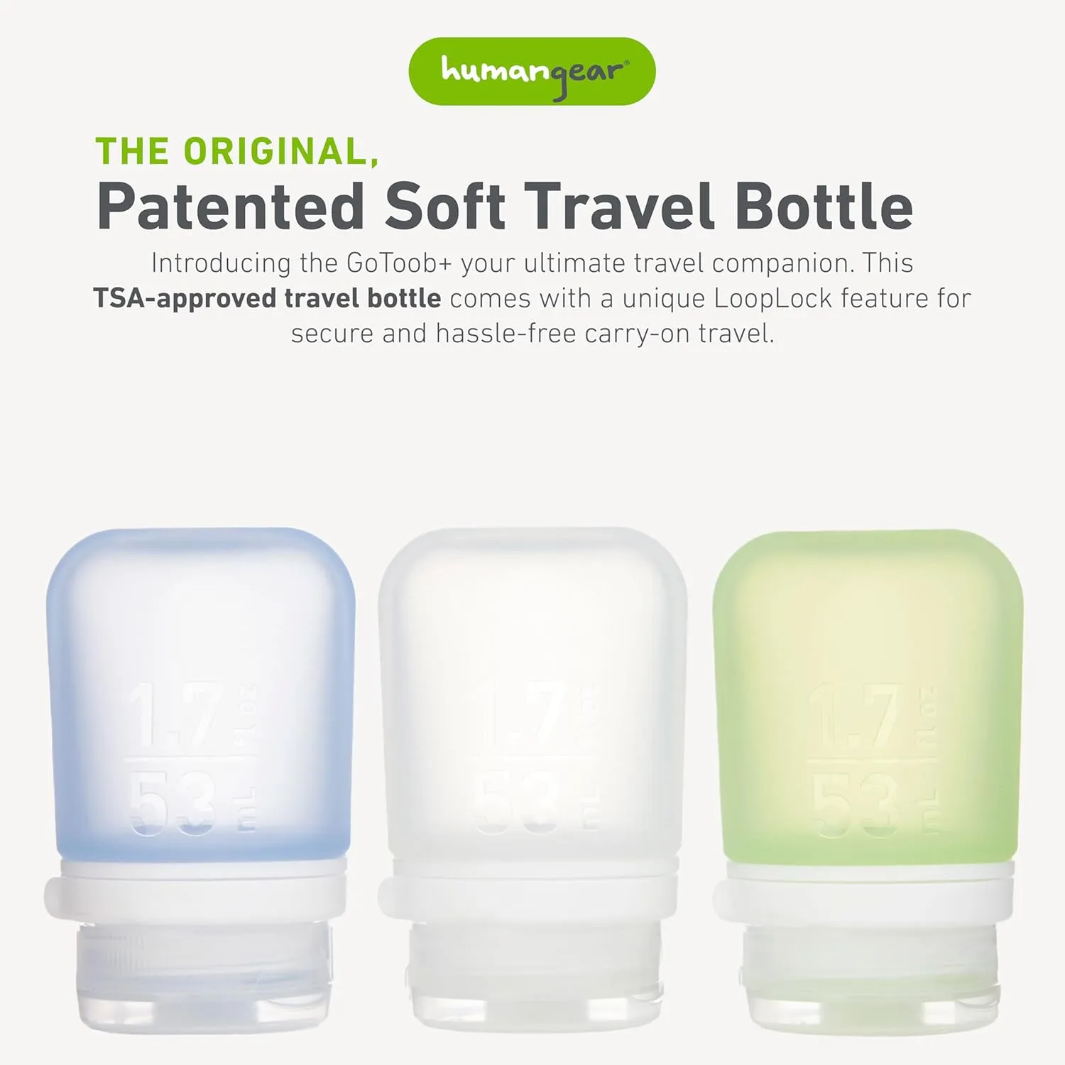 humangear GoToob  3-Pack (Small) | Refillable Silicone Travel Bottle | Locking Lid | Food-Safe Material, Clear/Green/Blue, Small (1.7 fl.oz; 53ml)
