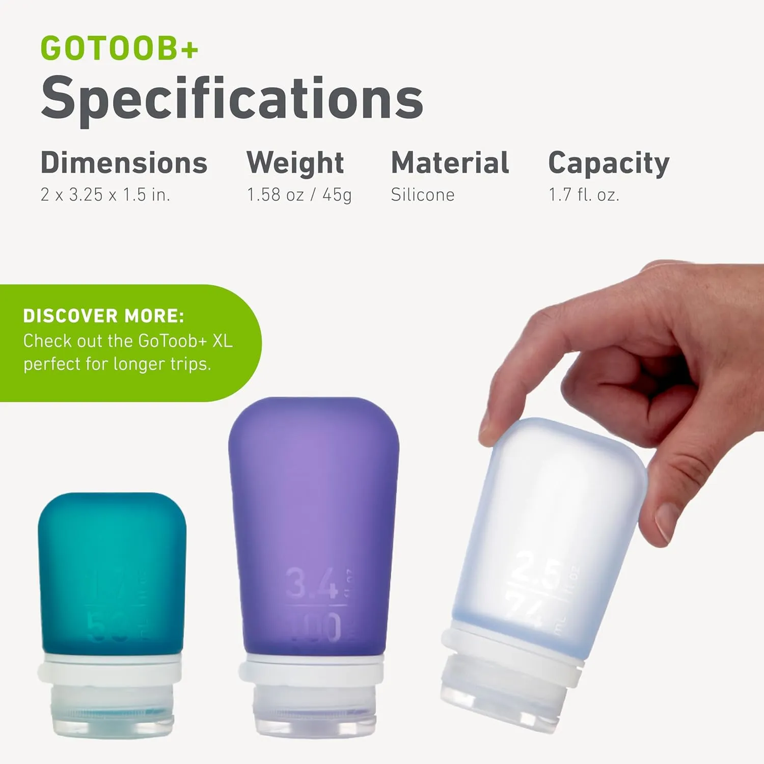 humangear GoToob  Refillable Silicone Travel Size Bottles with Locking Cap, 3pk Set, Clear/Purple/Teal, Small (1.7 fl.oz; 53ml)