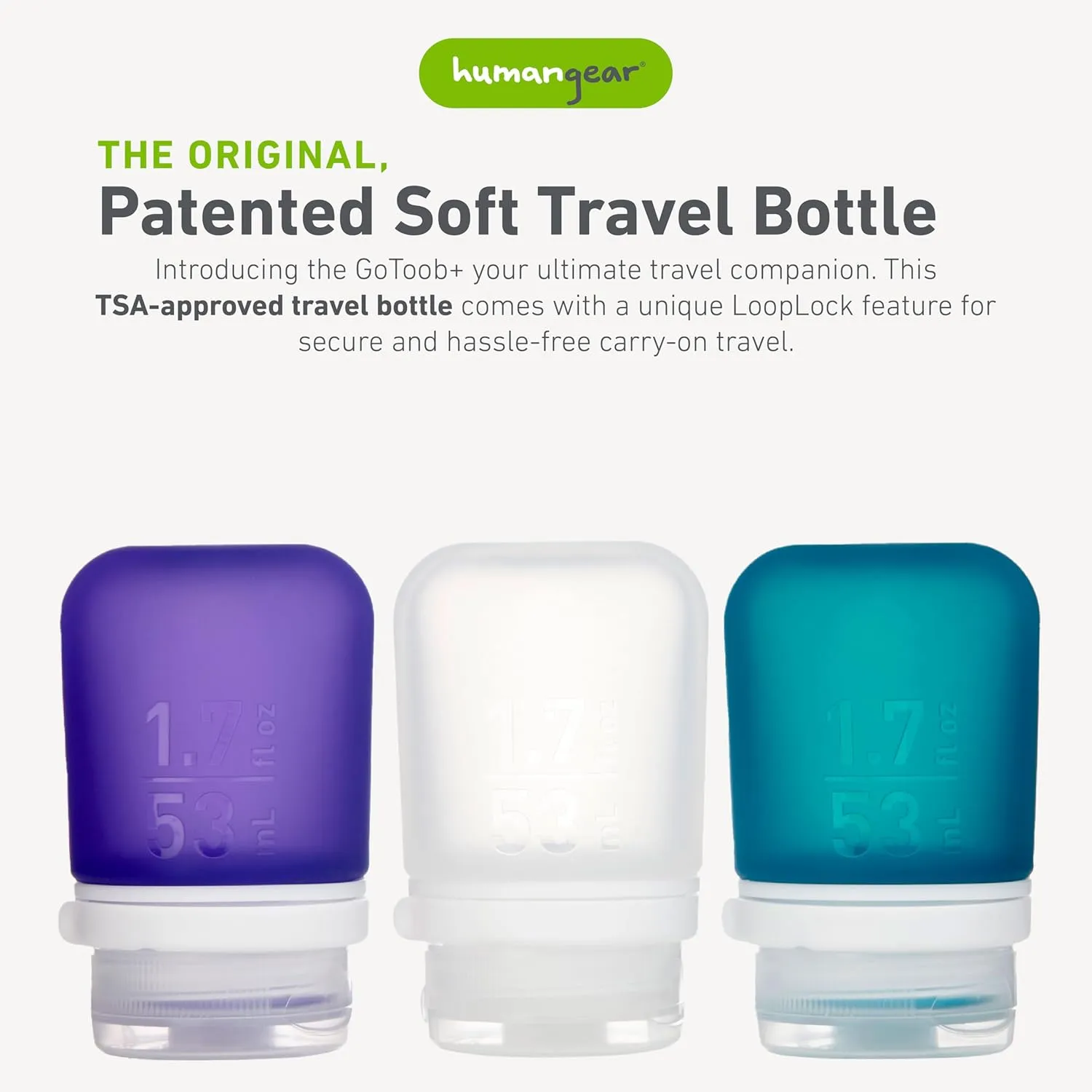 humangear GoToob  Refillable Silicone Travel Size Bottles with Locking Cap, 3pk Set, Clear/Purple/Teal, Small (1.7 fl.oz; 53ml)