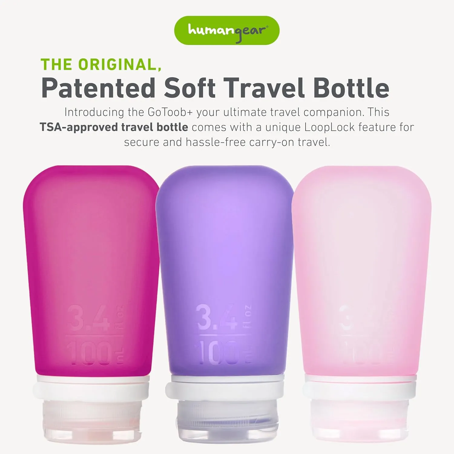 humangear GoToob  Refillable Silicone Travel Size Bottles with Locking Cap, 3pk Set, Rose/Lilac/Magenta, Large (3.4 fl.oz; 100ml)