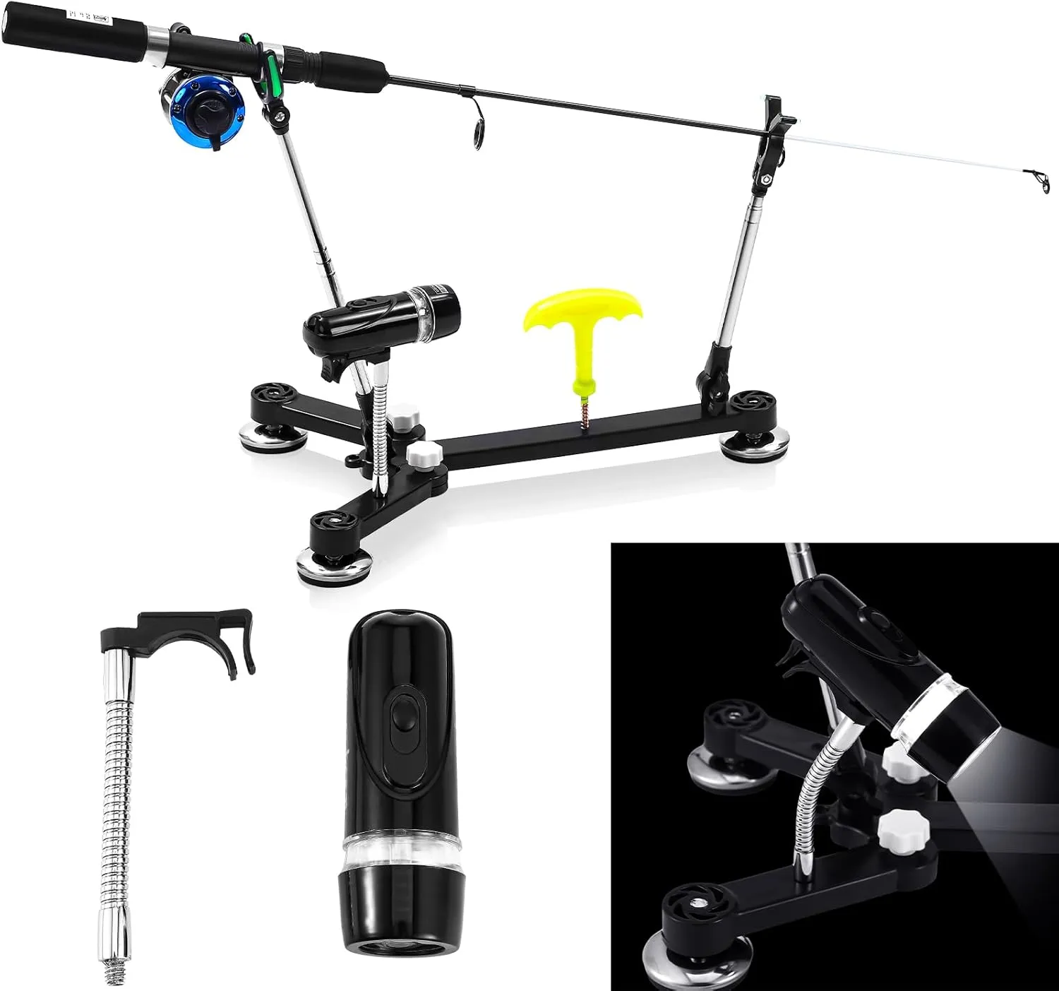 Hungdao Ice Fishing Rod Holder Stand with Night Lights Adjustable Ice Fishing Pole Holders for Ground Stainless Steel Rod Rack