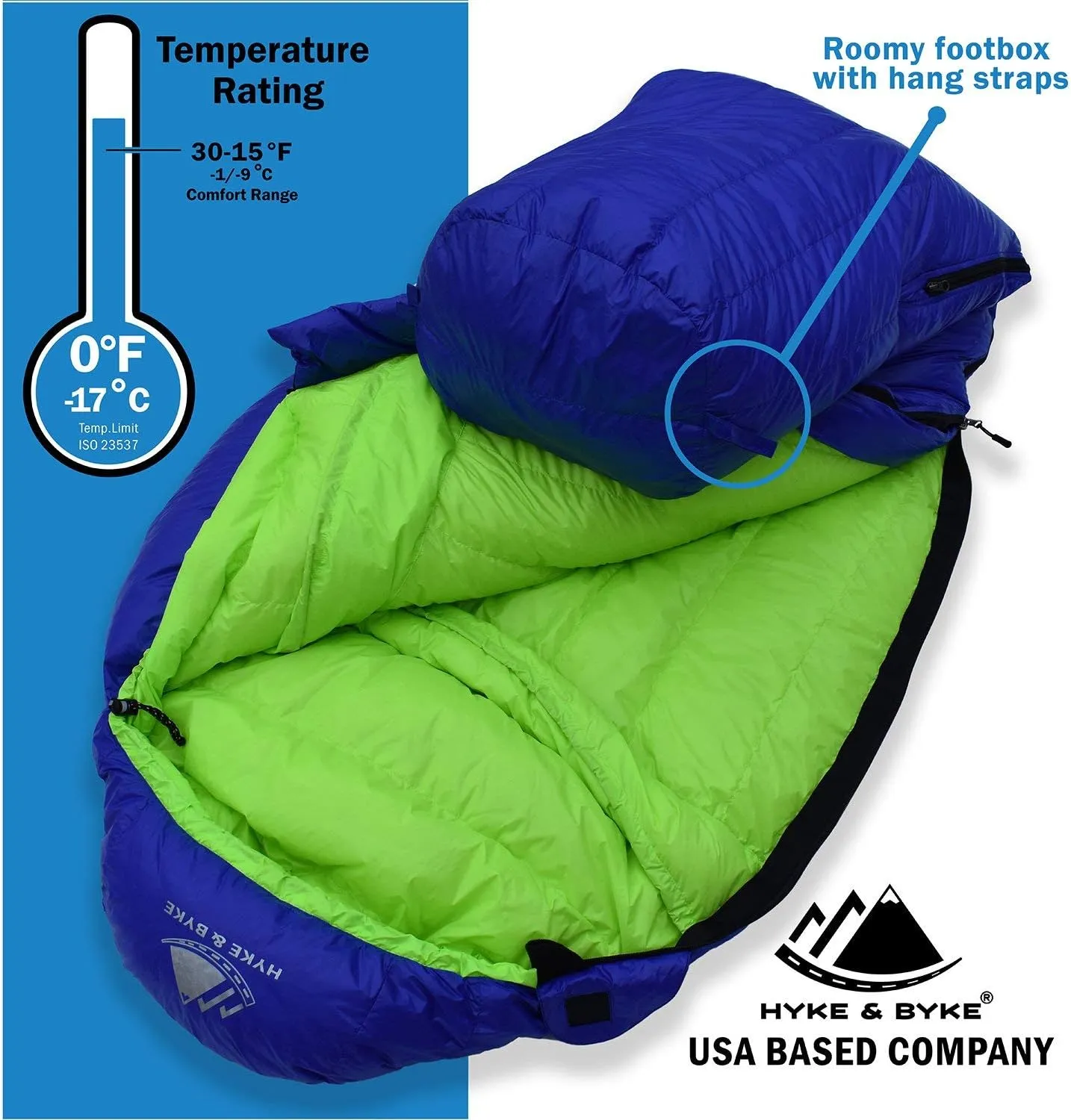 Hyke & Byke Eolus 0°F Cold Weather Mummy Hiking & Backpacking Sleeping Bag - Goose Down 800 FP 4 Season Sleeping Bags for Adults - Ultralight with Compression Stuff Sack