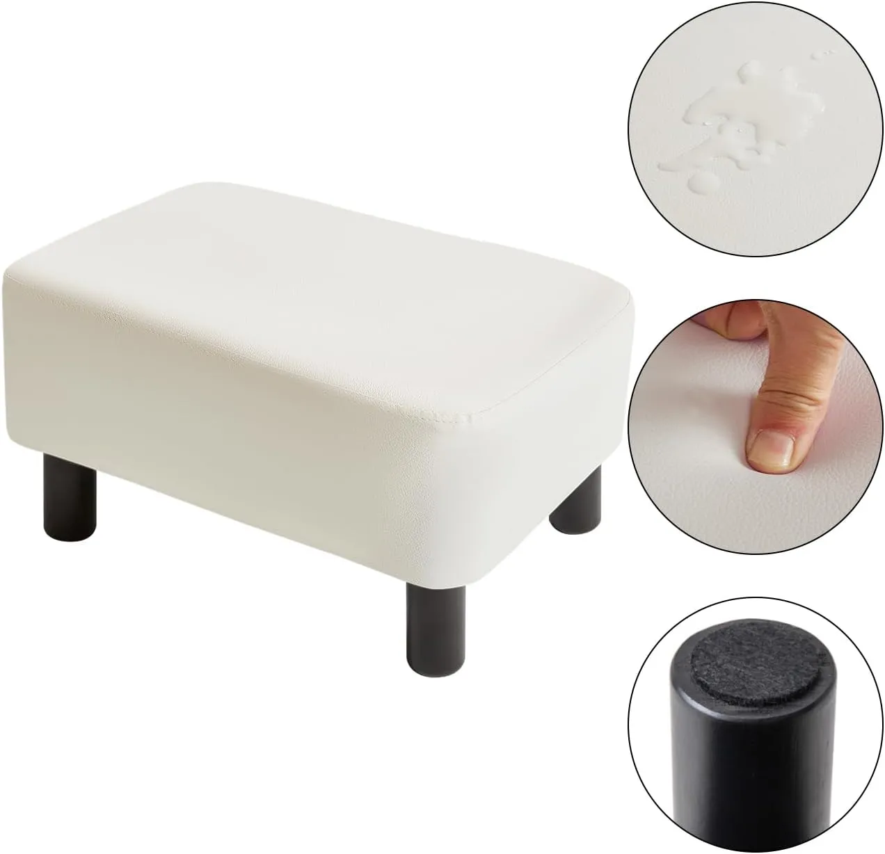 IBUYKE 16.54" Small Footstool, PU Faux Leather Step Stool, with Padded Seat Pine Wood Legs and Padded Rectangular Stool,for Bedroom, White RF-BD212-W