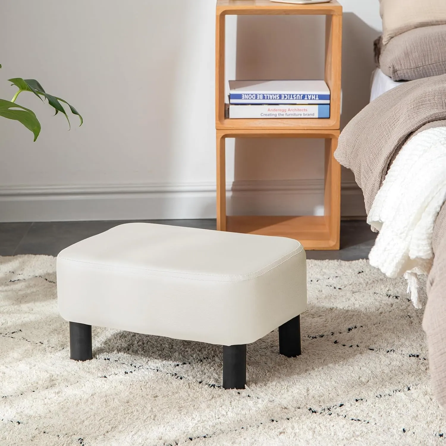 IBUYKE 16.54" Small Footstool, PU Faux Leather Step Stool, with Padded Seat Pine Wood Legs and Padded Rectangular Stool,for Bedroom, White RF-BD212-W