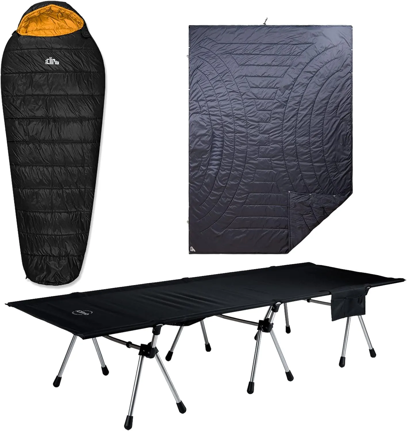 iClimb 1 3M Thinsulate Insulation Sleeping Bag and 1 Two Heights Super Easy Assemble Cot and 1 3M Thinsulate Insulation Warm Camping Blanket Bundle, Ultralight Compact for Solo Person Outdoor Backpack