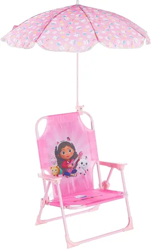 Idea Nuova Gabby’s Dollhouse Kids Folding Beach Chair with Umbrella, Outdoor Chair for Girls Ages 3 ,Portable, Lightweight, UV Protection - Patio, Pool, Beach Travel Accessory