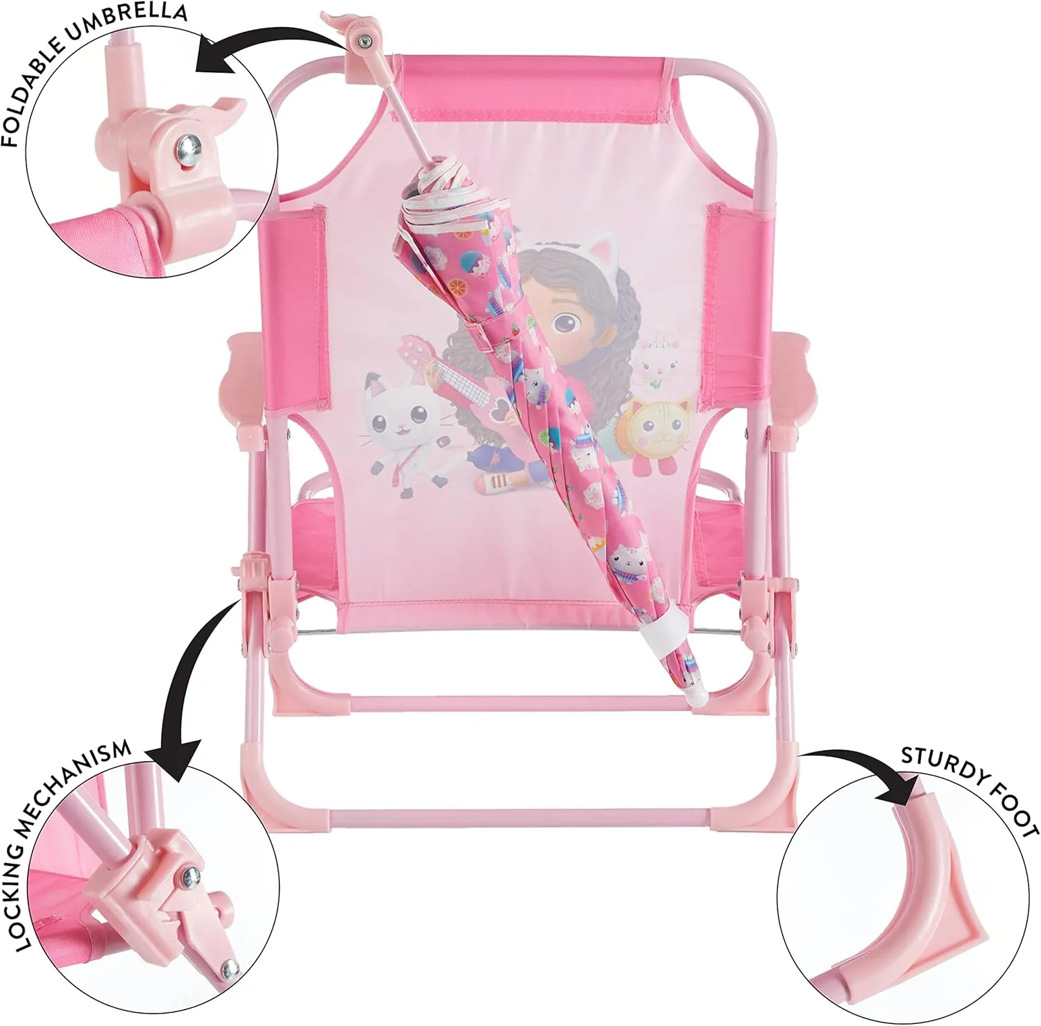 Idea Nuova Gabby’s Dollhouse Kids Folding Beach Chair with Umbrella, Outdoor Chair for Girls Ages 3 ,Portable, Lightweight, UV Protection - Patio, Pool, Beach Travel Accessory