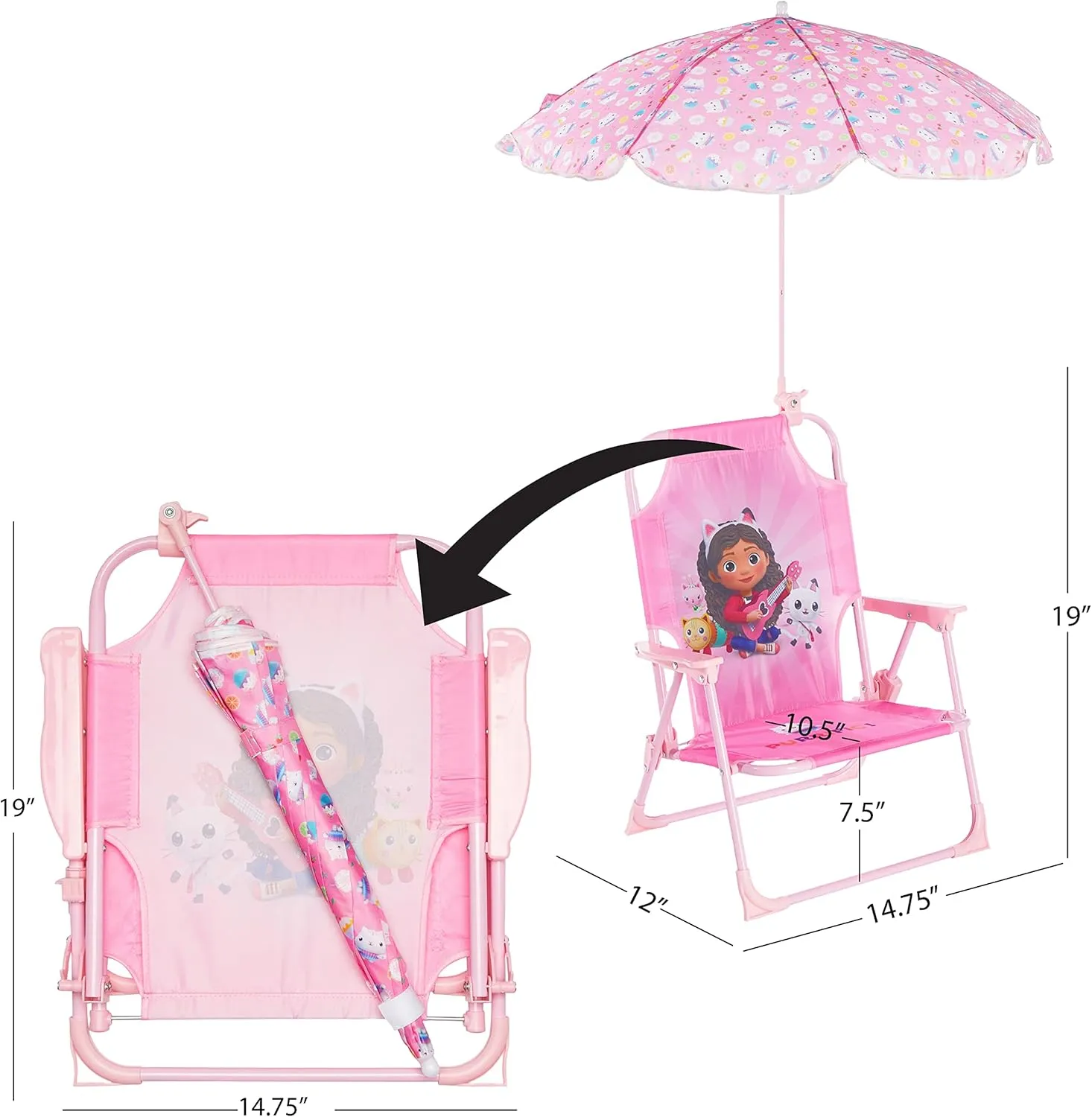 Idea Nuova Gabby’s Dollhouse Kids Folding Beach Chair with Umbrella, Outdoor Chair for Girls Ages 3 ,Portable, Lightweight, UV Protection - Patio, Pool, Beach Travel Accessory