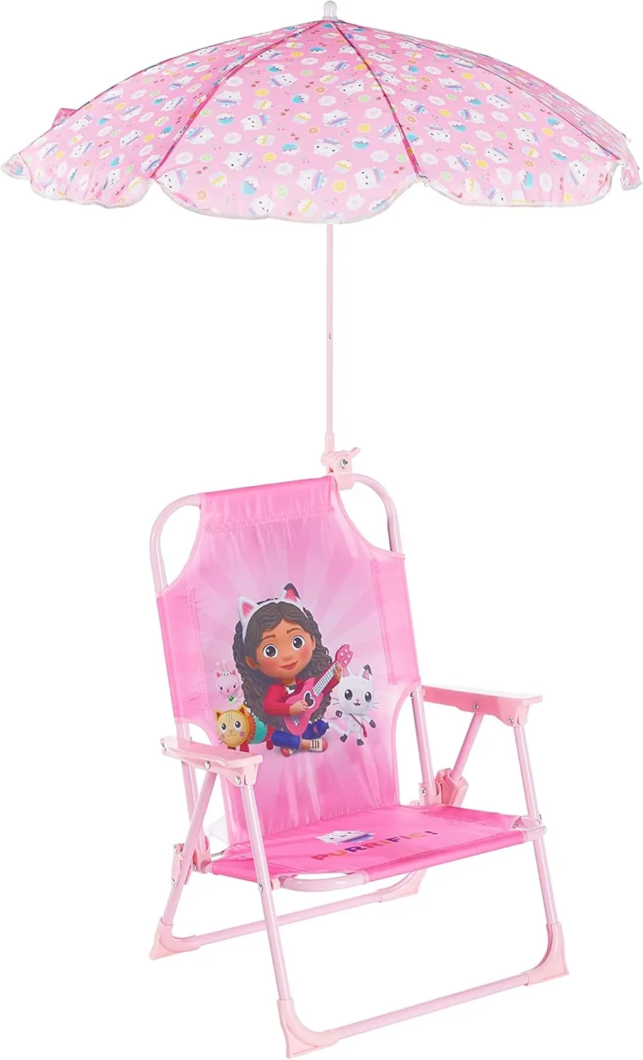 Idea Nuova Gabby’s Dollhouse Kids Folding Beach Chair with Umbrella, Outdoor Chair for Girls Ages 3 ,Portable, Lightweight, UV Protection - Patio, Pool, Beach Travel Accessory